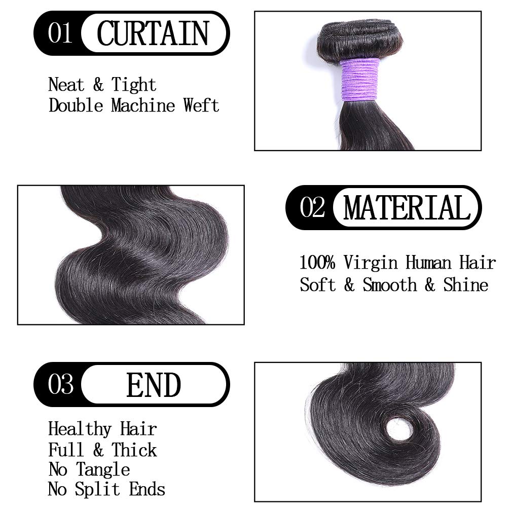 Brazilian Body Wave Human Hair Bundles 3Pcs with 5x5 Lace Closure - 100% Unprocessed Virgin Hair (16 18 20 +14,1B) 10A Grade - Perfect for Daily Styling, Weddings & Special Occasions