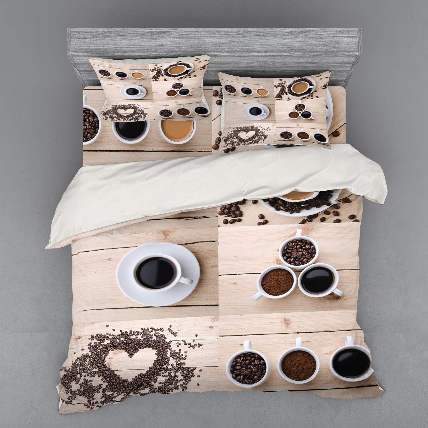 Ambesonne Coffee Lover Bedding Set - 3 Piece Duvet Cover with Sham & Fitted Sheet, King Size, Black Brown Tan - Coffee Mug & Beans Print on Wooden Table Design - Perfect for Coffee Enthusiasts' Bedroom Decor