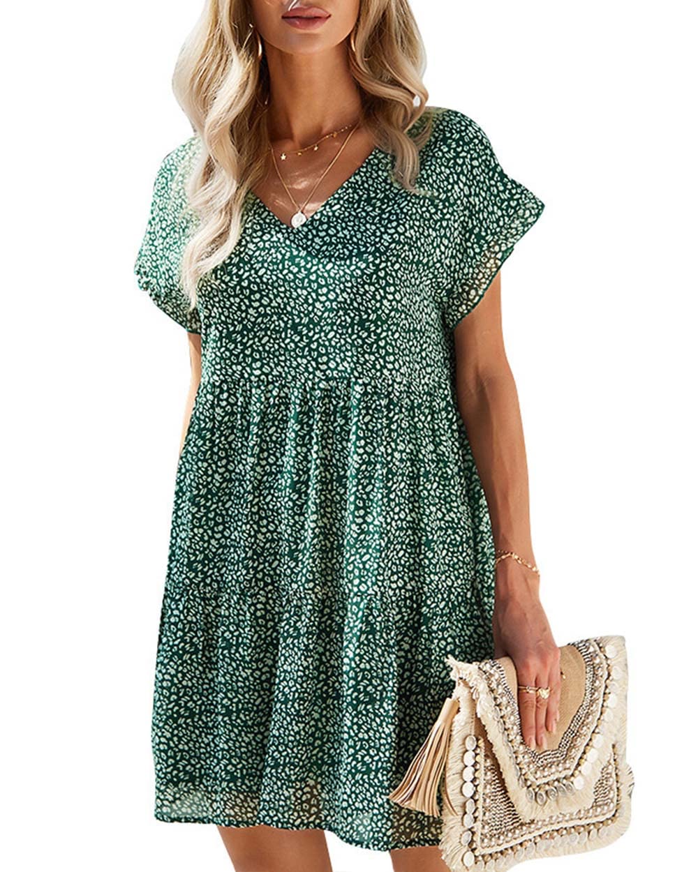 Boho Floral Mini Dress for Women - Flowy Loose High Waist Chiffon Summer Dress with Ruffle Sleeves | Beach Wedding, Vacation & Party Wear | Swing Dress for Casual Outings & Date Nights