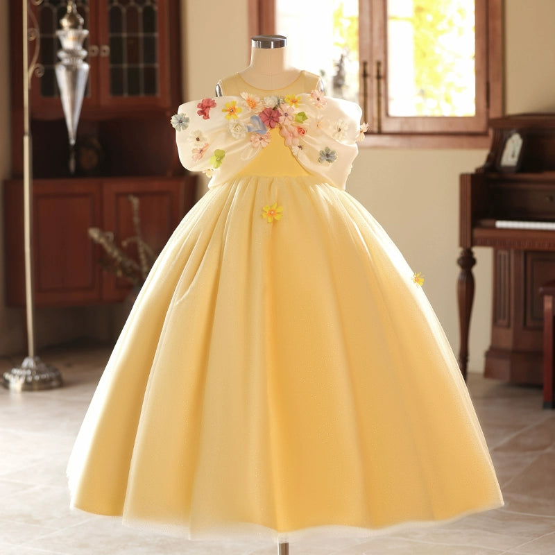 **Yellow Princess Ball Gown Dress for Girls – Flower Girl Wedding Dress for Special Occasions & Birthday Parties**