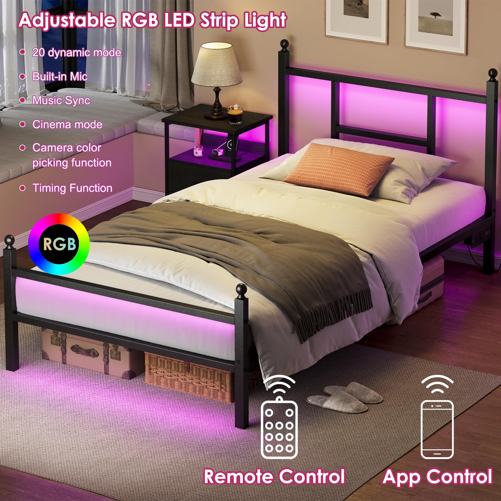**Fixwal Twin Bed Frame with USB Charging Station & Power Outlet - Sturdy Metal Platform Bed for Small Spaces, Dorm Rooms & Guest Bedrooms**