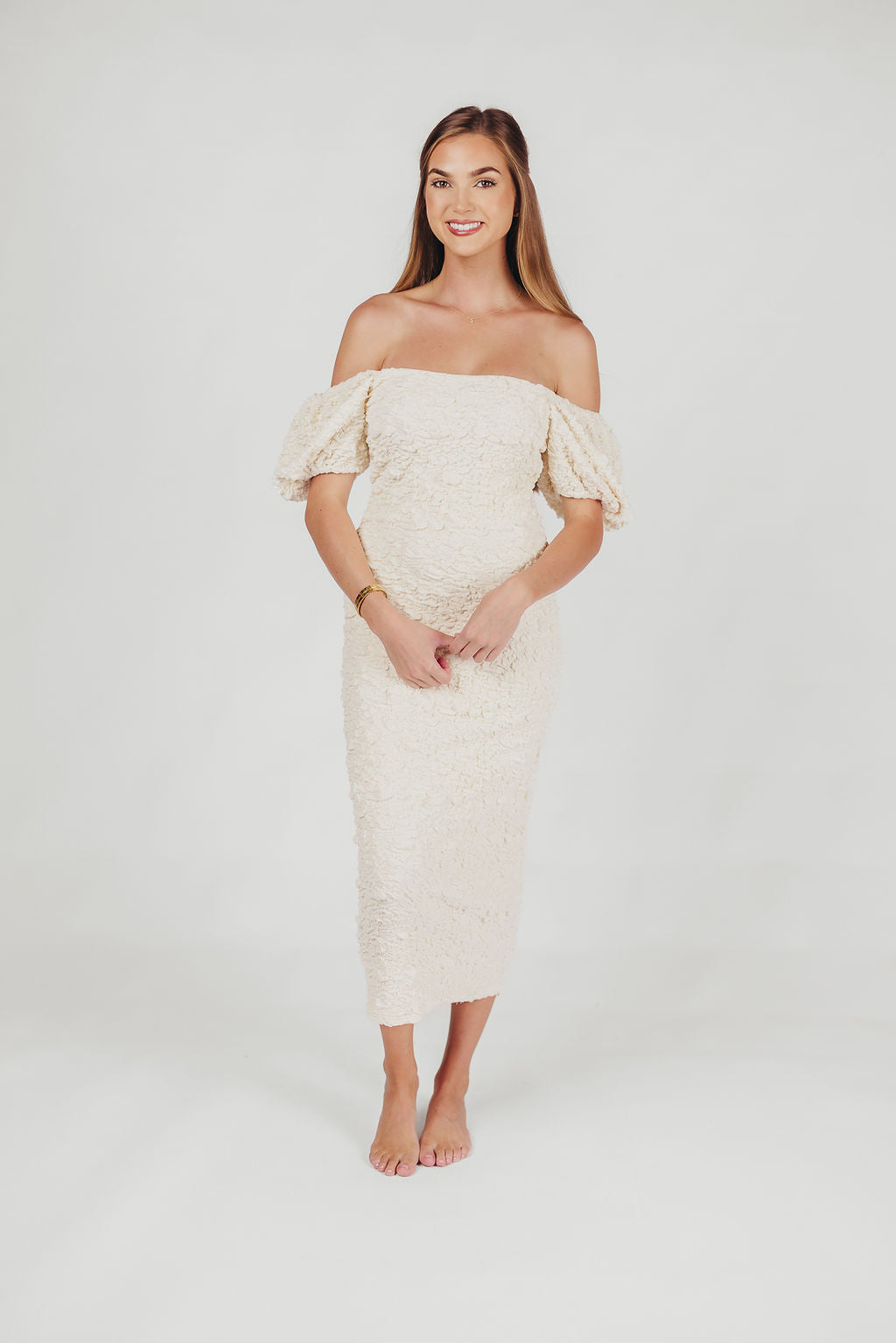 Blakeley Textured Midi Dress in Ivory - Bump Friendly Maternity Dress & Inclusive Sizing (S-3XL) | Perfect for Baby Showers, Bridal Events & Everyday Wear