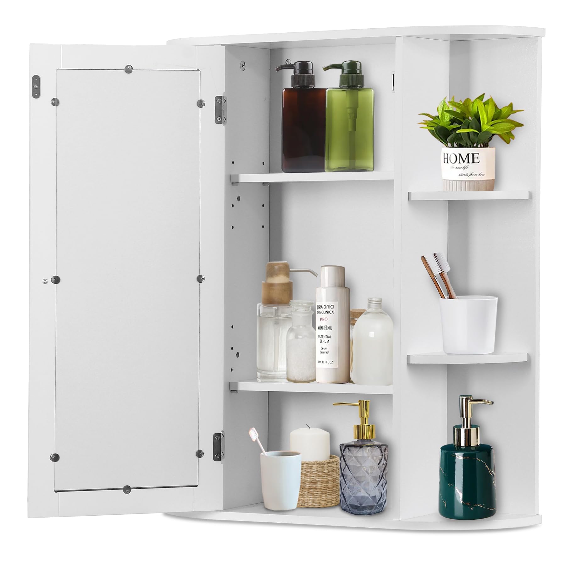 Premium White Wall Mount Medicine Cabinet with Mirror Door & Adjustable Shelves - 6 Open Storage Shelves for Bathroom Organization - Perfect for Small Spaces & Modern Bathrooms