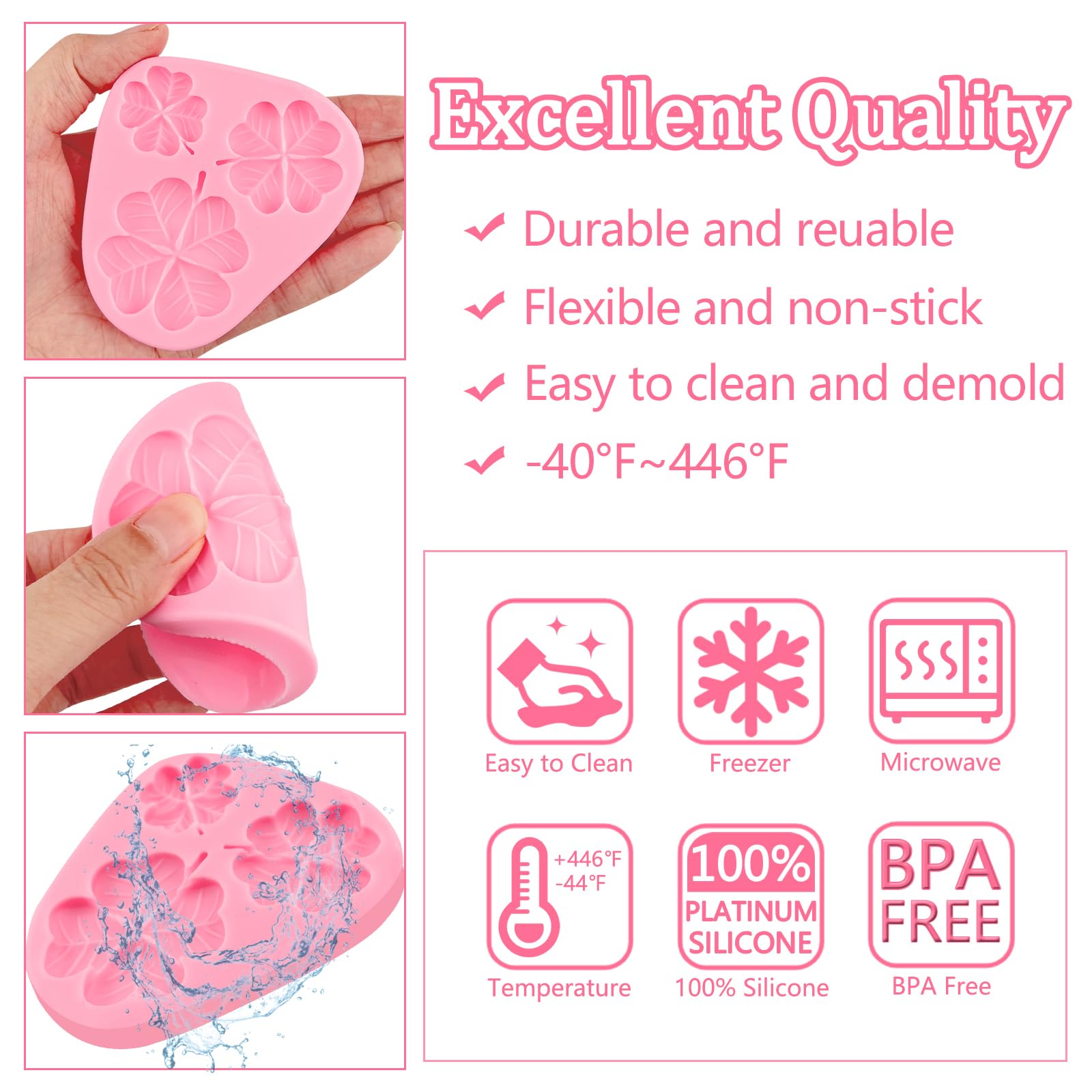 4 Leaf Clover Silicone Mold Set of 3 - Lucky Charm Fondant & Chocolate Cake Decorations for Cupcakes, Cookies, Candies, Mousse, Butter, Gum Paste, Dough, Resin & Clay Crafts - Perfect for St. Patrick's Day Baking & DIY Projects