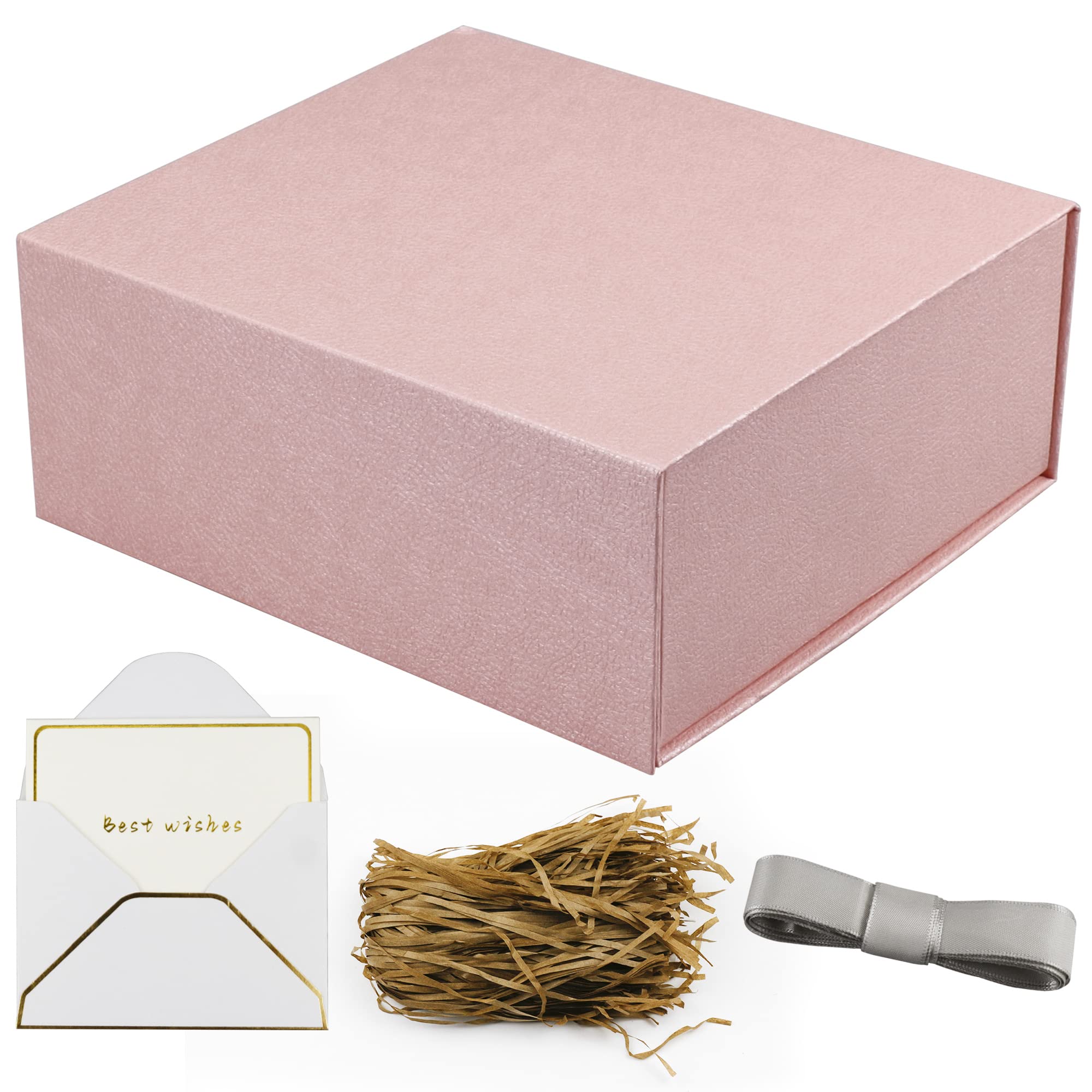 YINUOYOUJIA Magnetic Gift Box with Lid - Elegant Pink Present Packaging (8x7x3.2 Inch) for Weddings, Birthdays, Mother's Day & Bridal Gifts | Includes Card & Ribbon | Perfect for Party Favors, Festive Celebrations & Special Occasions