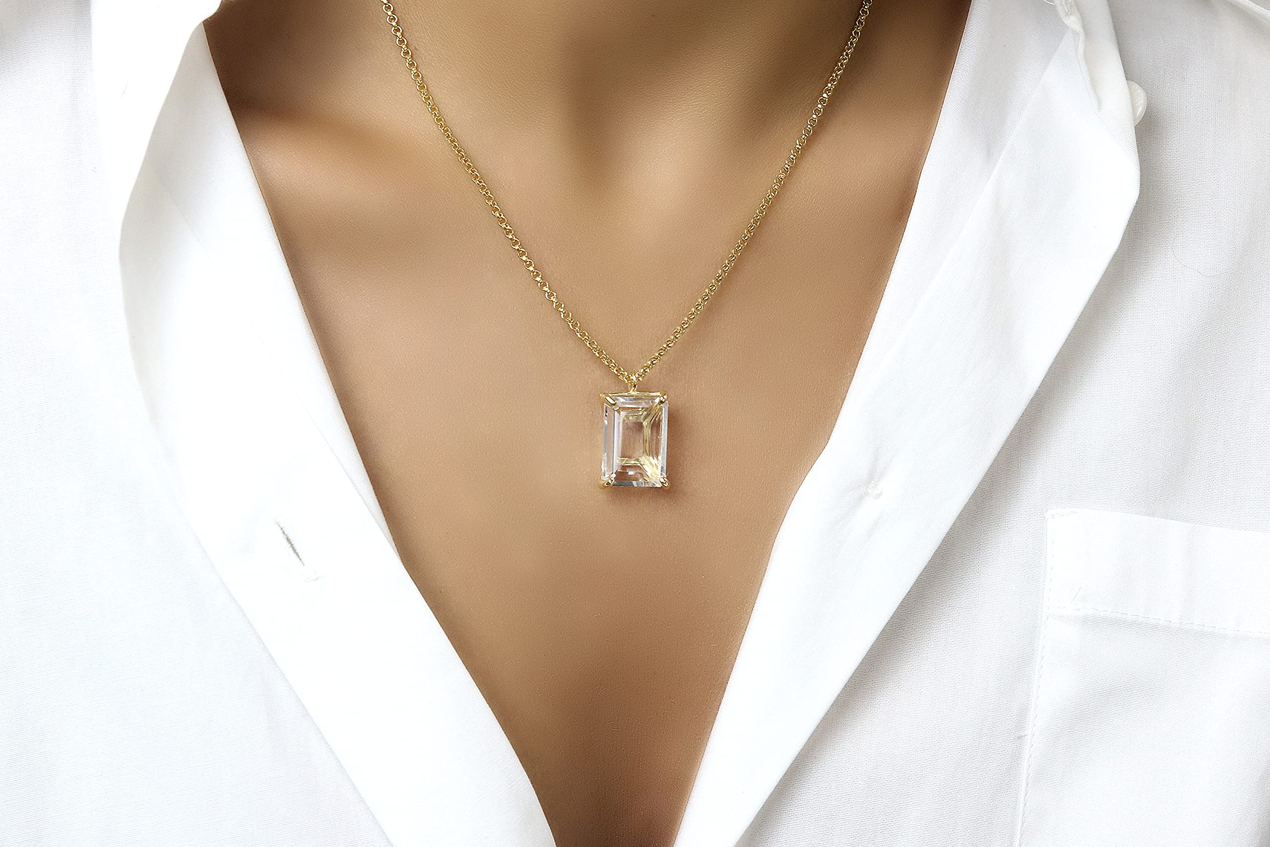Anemone Jewelry Clear Quartz Necklace - Elegant Rectangular Gemstone Necklace with Birthstone in Handcrafted Gold for Women | Perfect Gift for Birthday, Anniversary, Wedding & Engagement | Ideal for Date Nights, Office Wear & Special Occasions