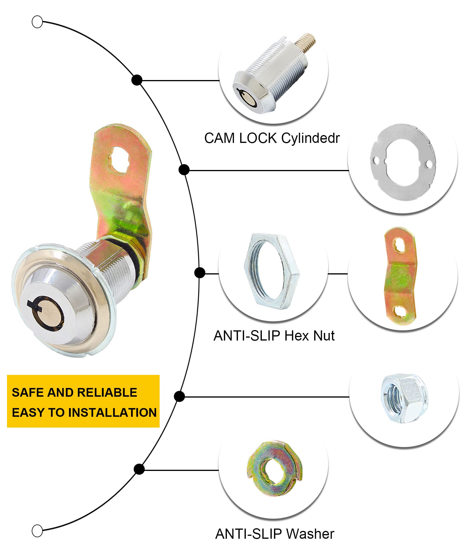 4 Pack Tubular Cam Locks 1-1/16 Inch, 90° Cylinder Cabinet Locks Keyed Alike - Secure File Cabinets, RV Camper Trailers, Drawers & Mailboxes - Ideal for Home, Office & Travel Security