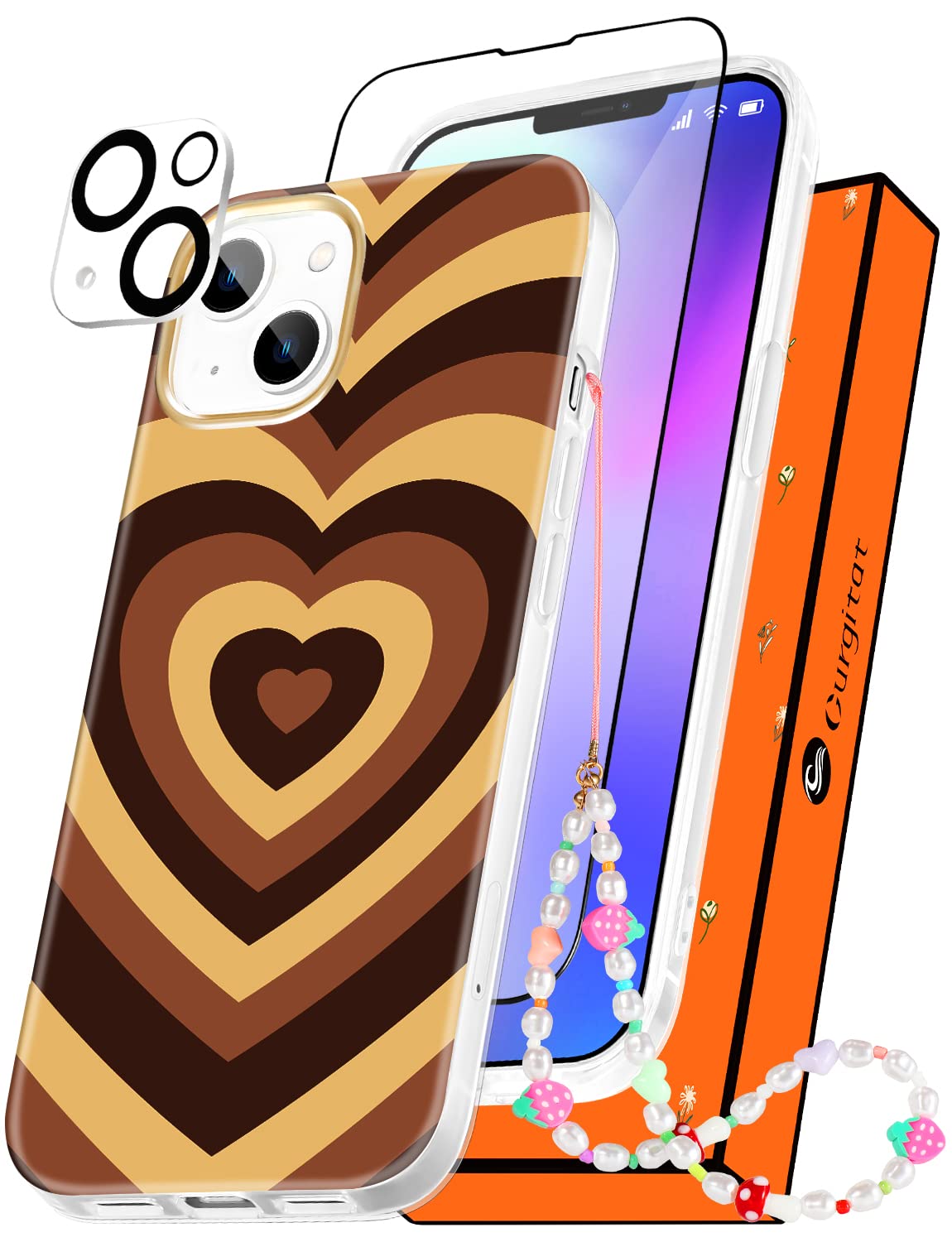 4-in-1 Heart Pattern iPhone 13 Case (6.1 inch) - Cute Aesthetic Phone Cover with Camera Protector, Screen Protector & Chain for Women | Trendy Brown Swirl Design | Perfect Gift for Girlfriends, Teens & Trendy Fashion Lovers (Ideal for Everyday Use, Parties & Photo Shoots)
