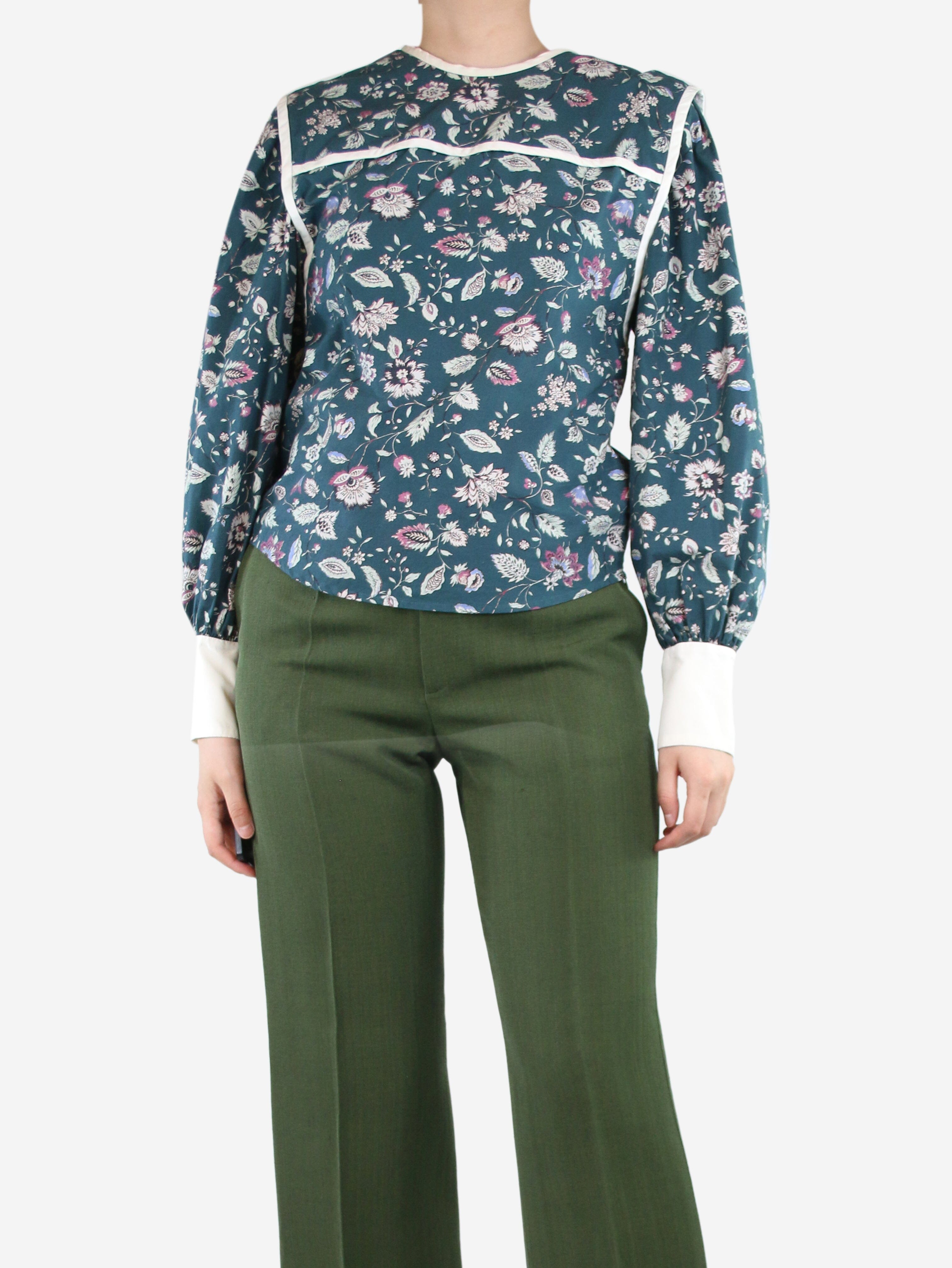 Dark Green Floral Cotton Poplin Top - Women's Size UK 8 (US 4) - Elegant Spring Blouse for Casual Wear & Office Outfits