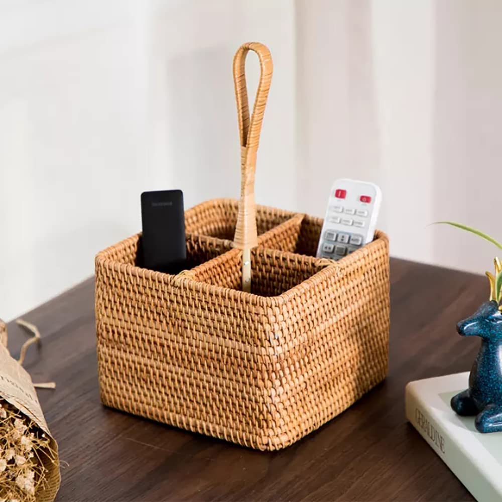4 Compartment Hand-Woven Rattan Storage Basket - Brown Wicker Desktop Organizer for Home Office, Bathroom & Nursery Organization