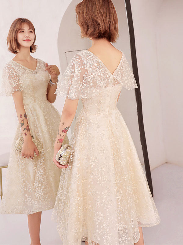 Beige Red Lace Fit & Flare Flutter Sleeve Midi Dress for Women - Elegant Party & Wedding Guest Outfit