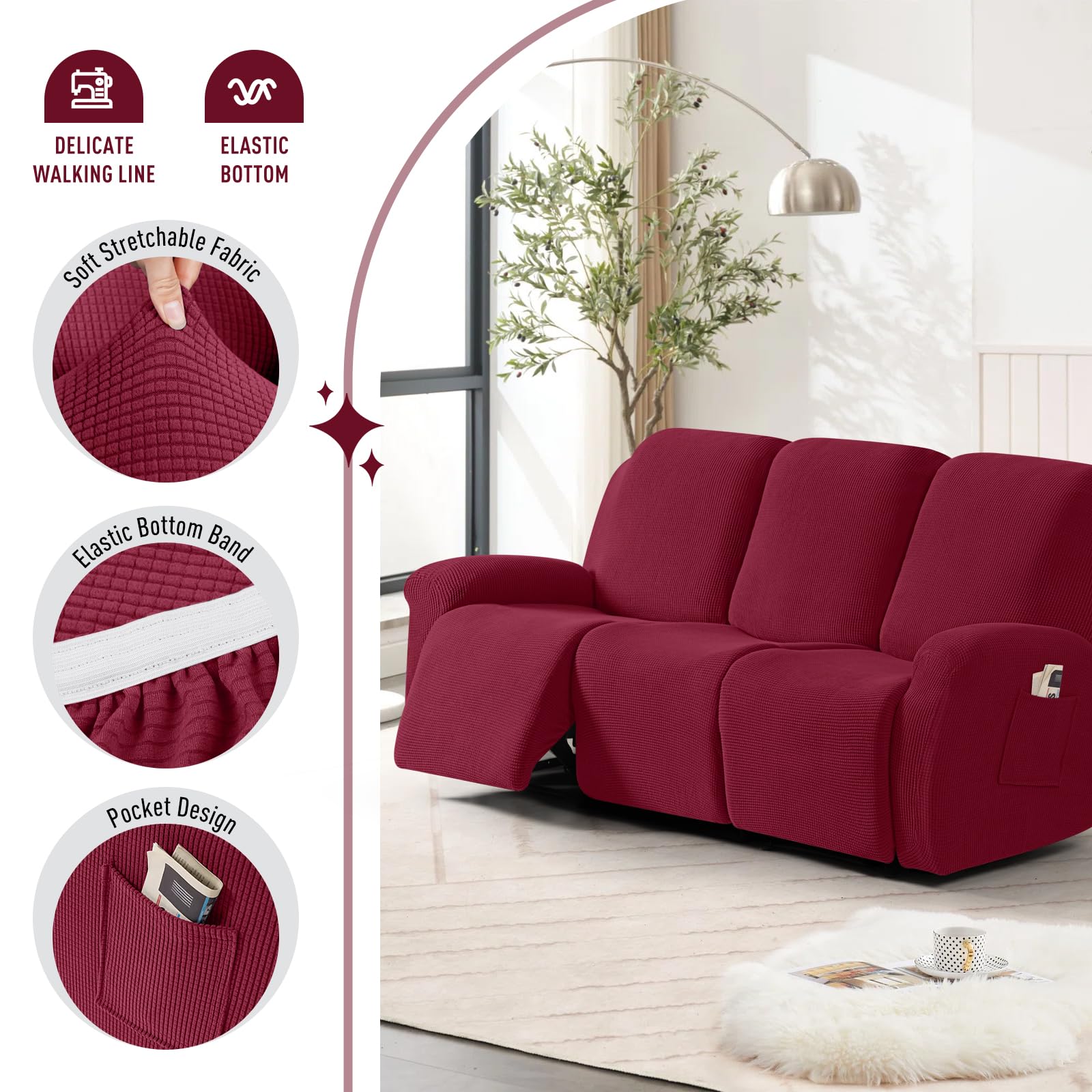 TAOCOCO 8-Piece Stretch Recliner Sofa Cover Set - Soft Jacquard Fabric Slipcover for 3-Seater Reclining Couches, Burgundy Furniture Protector - Perfect for Living Room, Home Theater & Family Gatherings