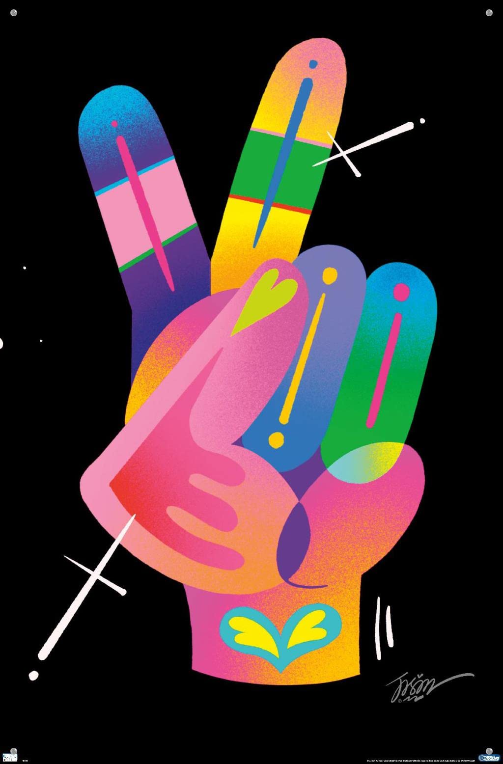 Jason Naylor Peace Sign Hand Wall Art Poster with Push Pins - Vibrant Inspirational Decor for Bedroom, Living Room & Office