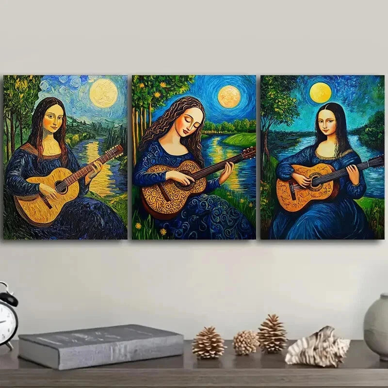 3-Piece Mona Lisa Playing Guitar Wall Art Set - Framed Canvas 50x70cm (20x28in) - High Quality Print, 100% Australian Made, Ready to Hang - Perfect for Living Room, Bedroom & Office Decor