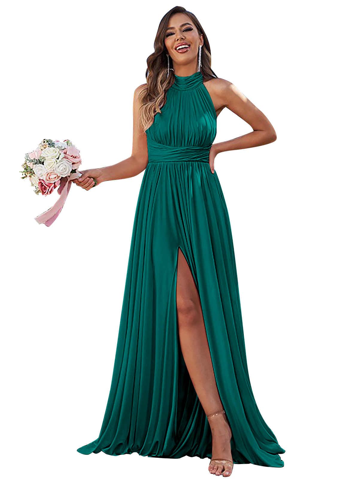 Elegant Halter Bridesmaid Dresses for Women - High Slit Chiffon Formal Gown with Ruched Detail, Perfect for Prom, Wedding Guest & Special Occasions