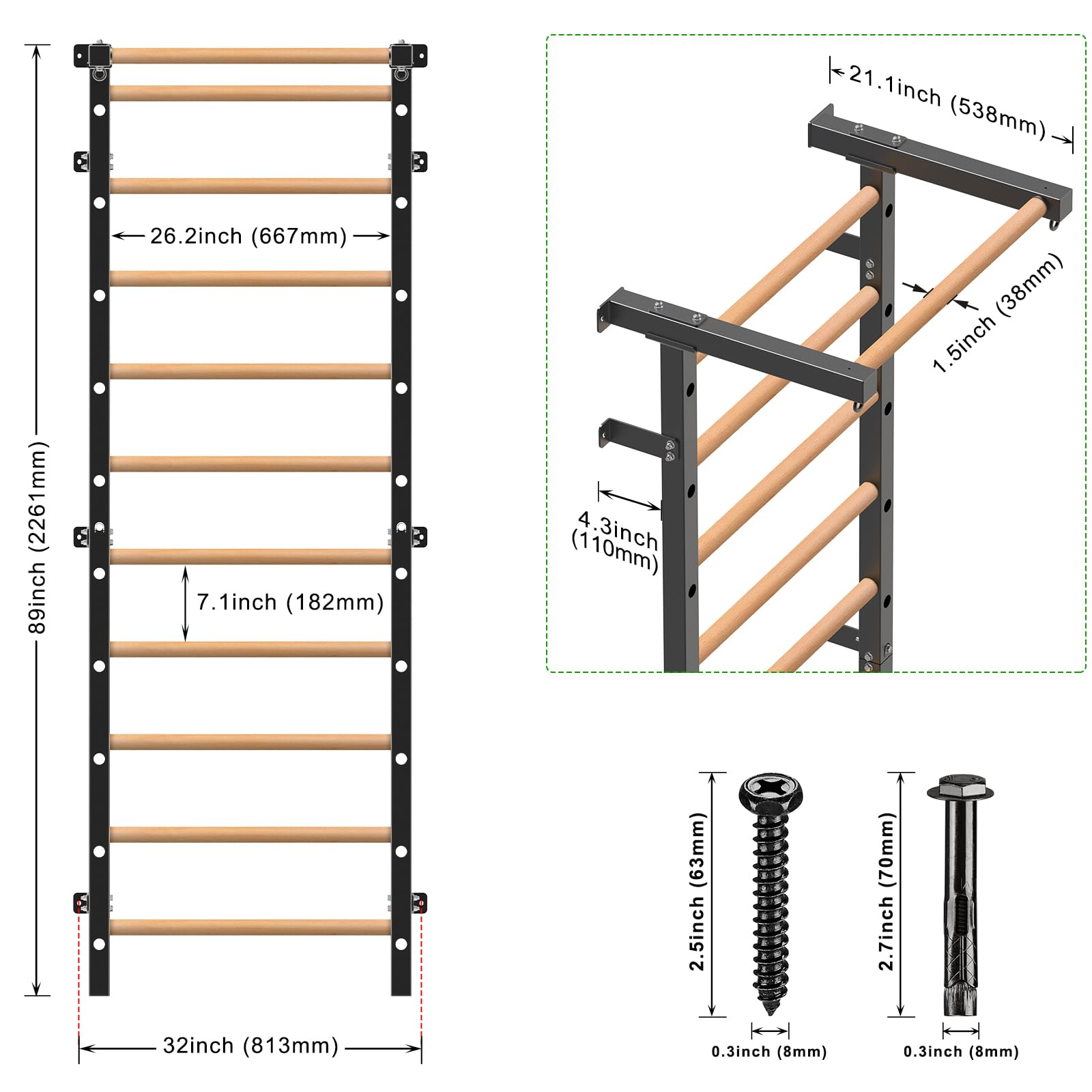 Premium Wood Stall Bar & Swedish Ladder with Pull-Up Bar - 11 Adjustable Strategic Rods for Full-Body Workout - Wall Mounted Suspension Trainer for Home Gym, School, Clinic & CrossFit Training - Perfect for Strength Training, Physical Therapy & Functional Fitness Exercises