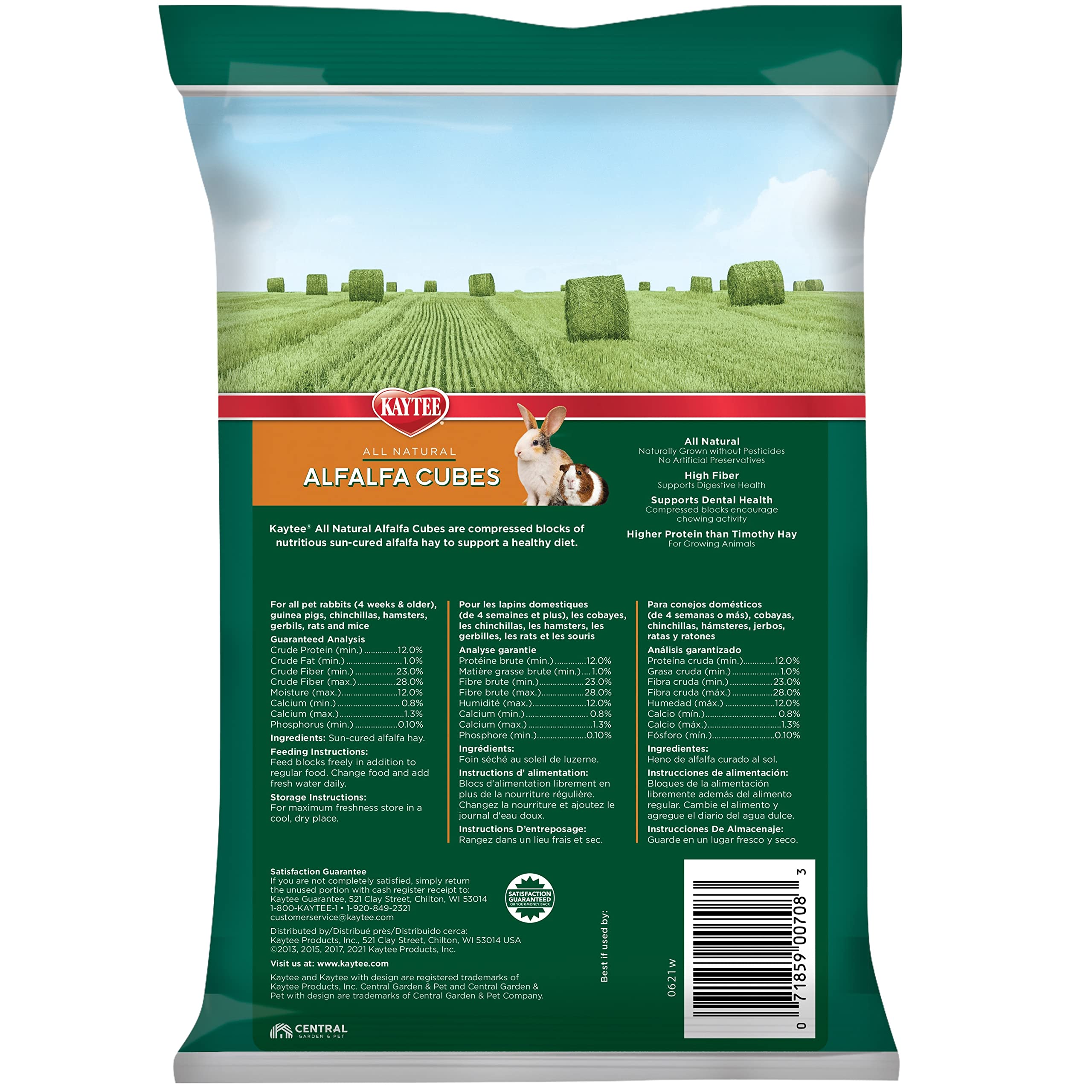 Kaytee Alfalfa Cubes for Rabbits, Guinea Pigs, Chinchillas & Small Pets - High Fiber Natural Treat, 15 oz - Perfect for Bonding & Training Rewards