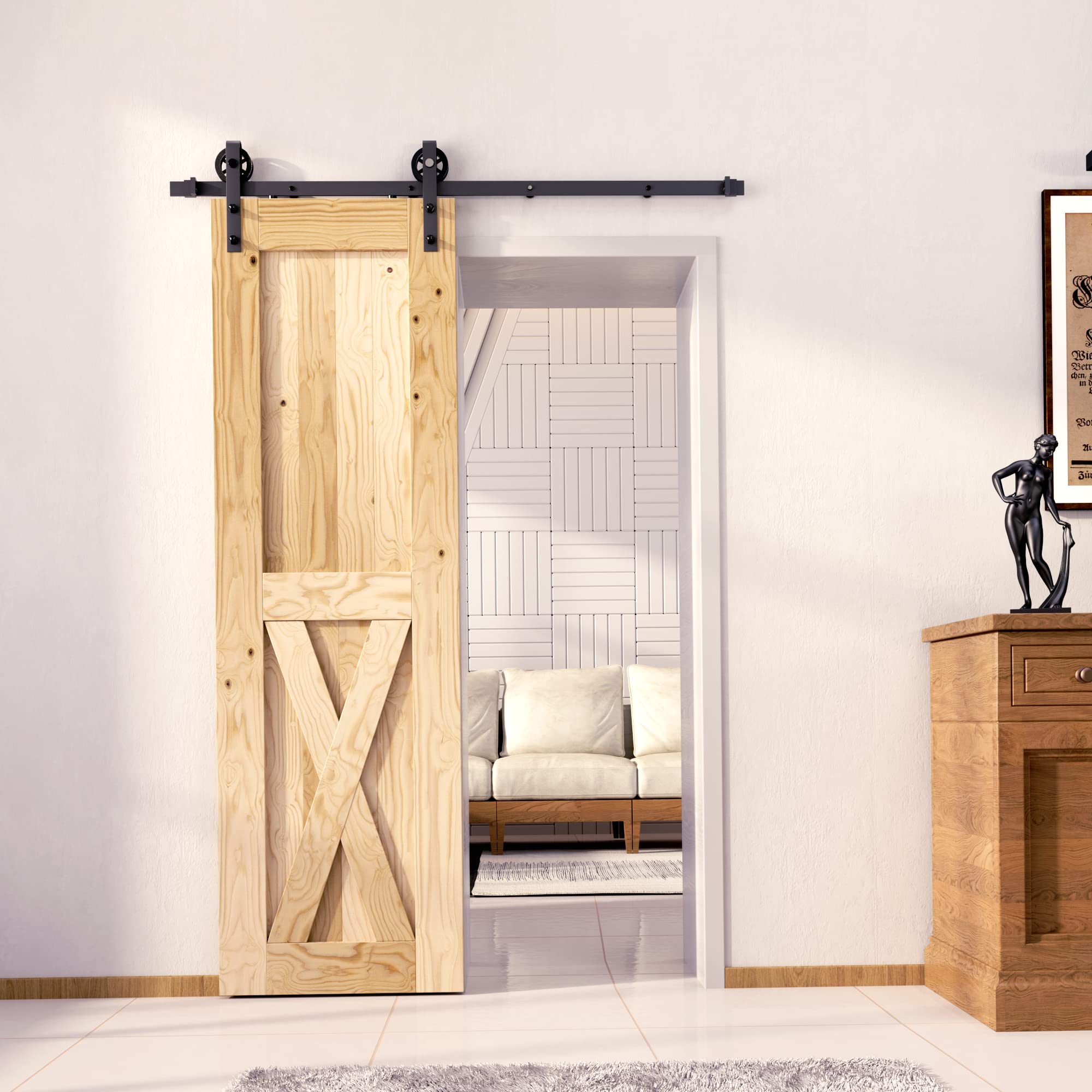 Homacer Black Rustic Non-Bypass Sliding Barn Door Kit with 4ft Flat Track & Spoke Wheel Rollers - Single Door Hardware for 22