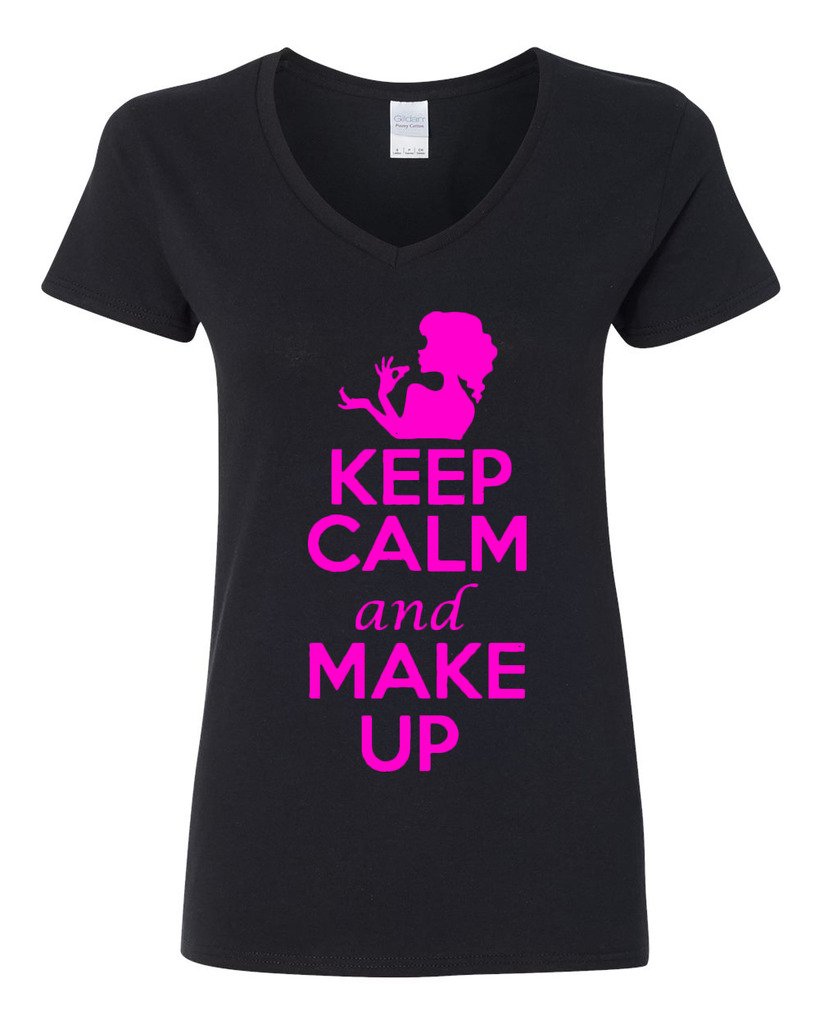 Funny Keep Calm and Make Up V-Neck T-Shirt for Women - Beauty & Fashion Humor - Perfect for Casual Wear, Parties, and Gifts