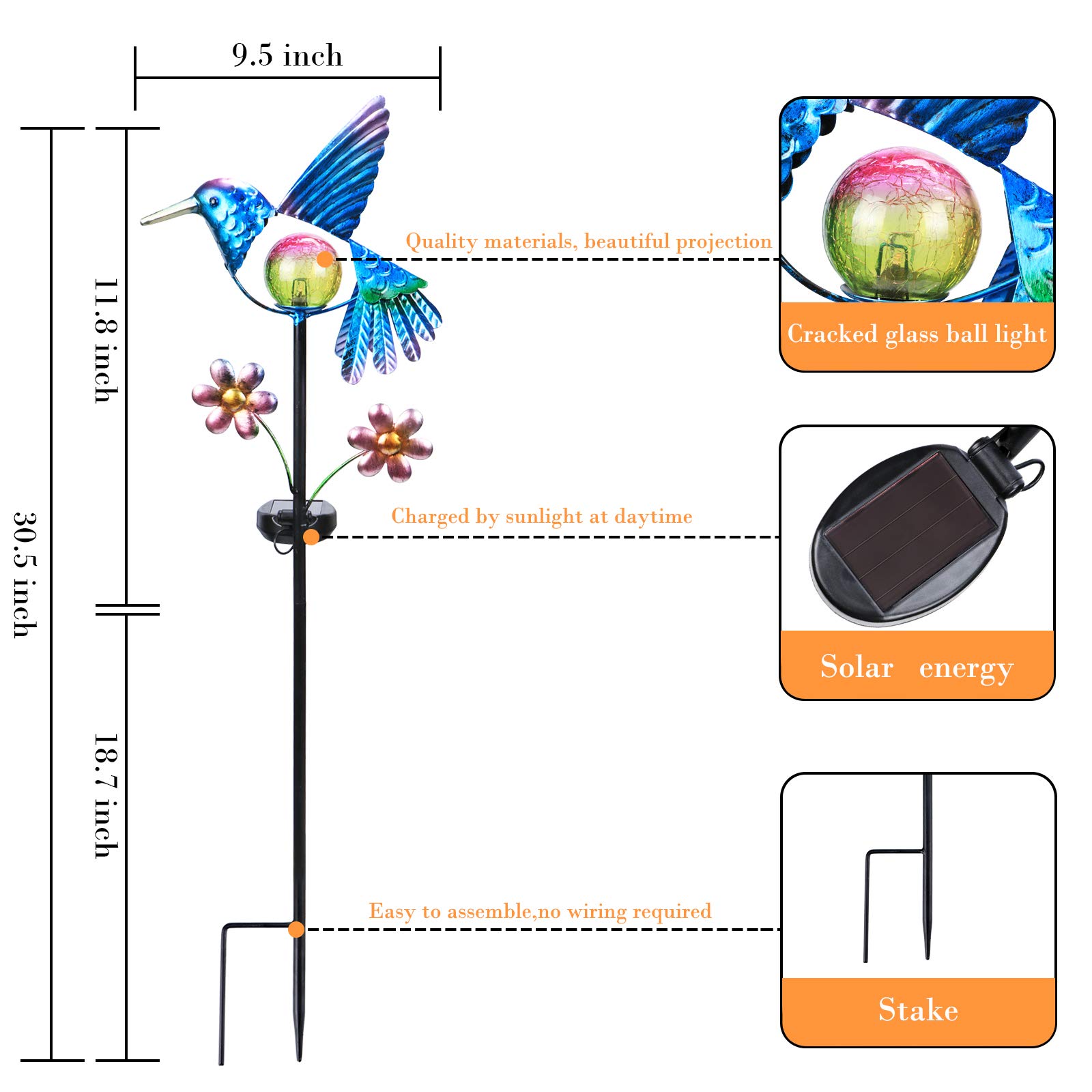 Solar Hummingbird Garden Stake Lights - Waterproof Outdoor LED Pathway Lights with Warm Crackled Glass Globe for Walkway, Yard, Lawn & Patio | Solar-Powered Landscape Lighting for Gardens, Driveways & Backyard Decor