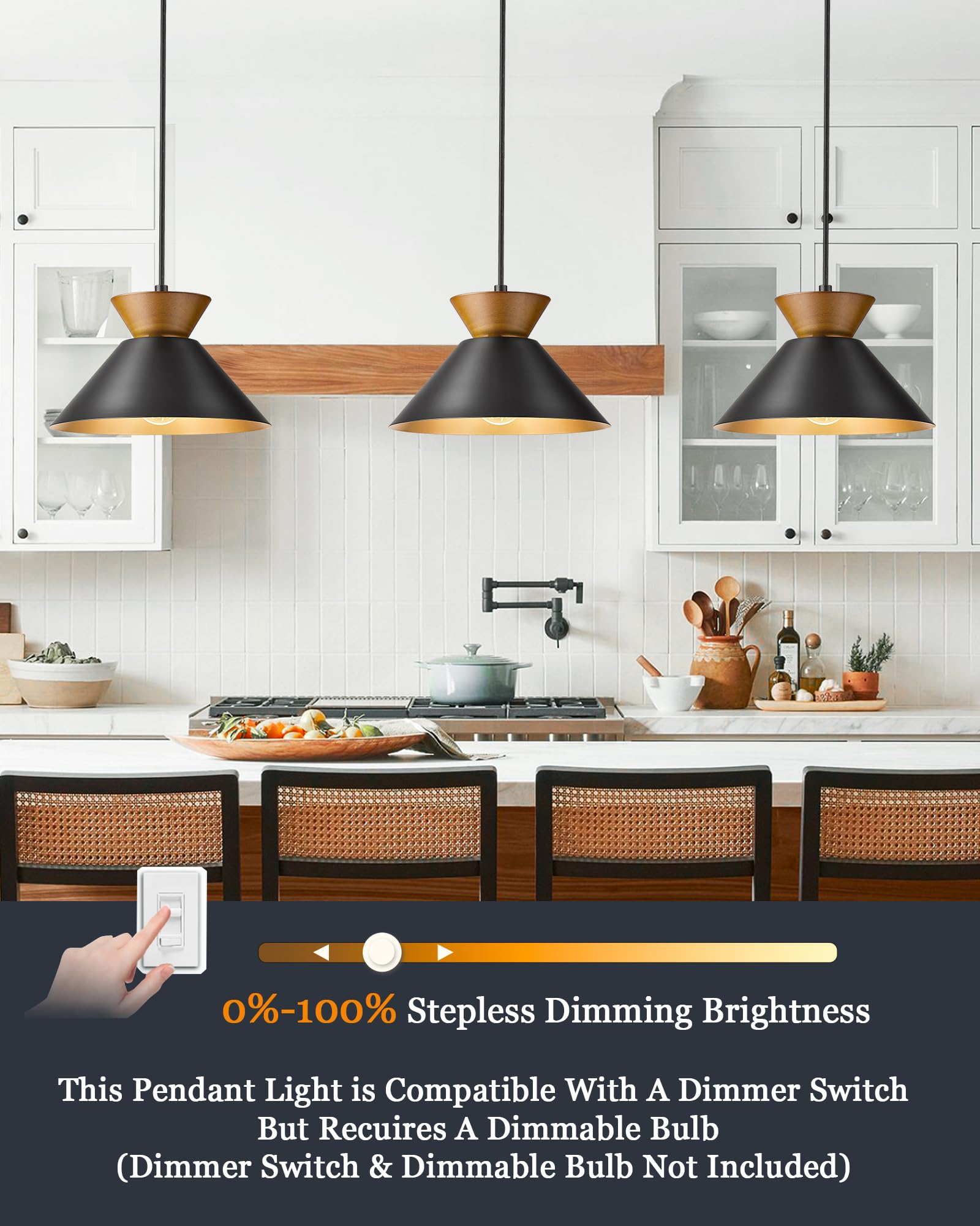 ELYONA 3 Pack Modern Pendant Lights for Kitchen Island - Solid Wood Hanging Lamps with Matte Black Metal Shade & Gold Inner Finish - Farmhouse Style Lighting Fixtures for Dining Room, Bedroom, Living Room - Perfect for Home Decor, Restaurant, and Cafe Ambiance