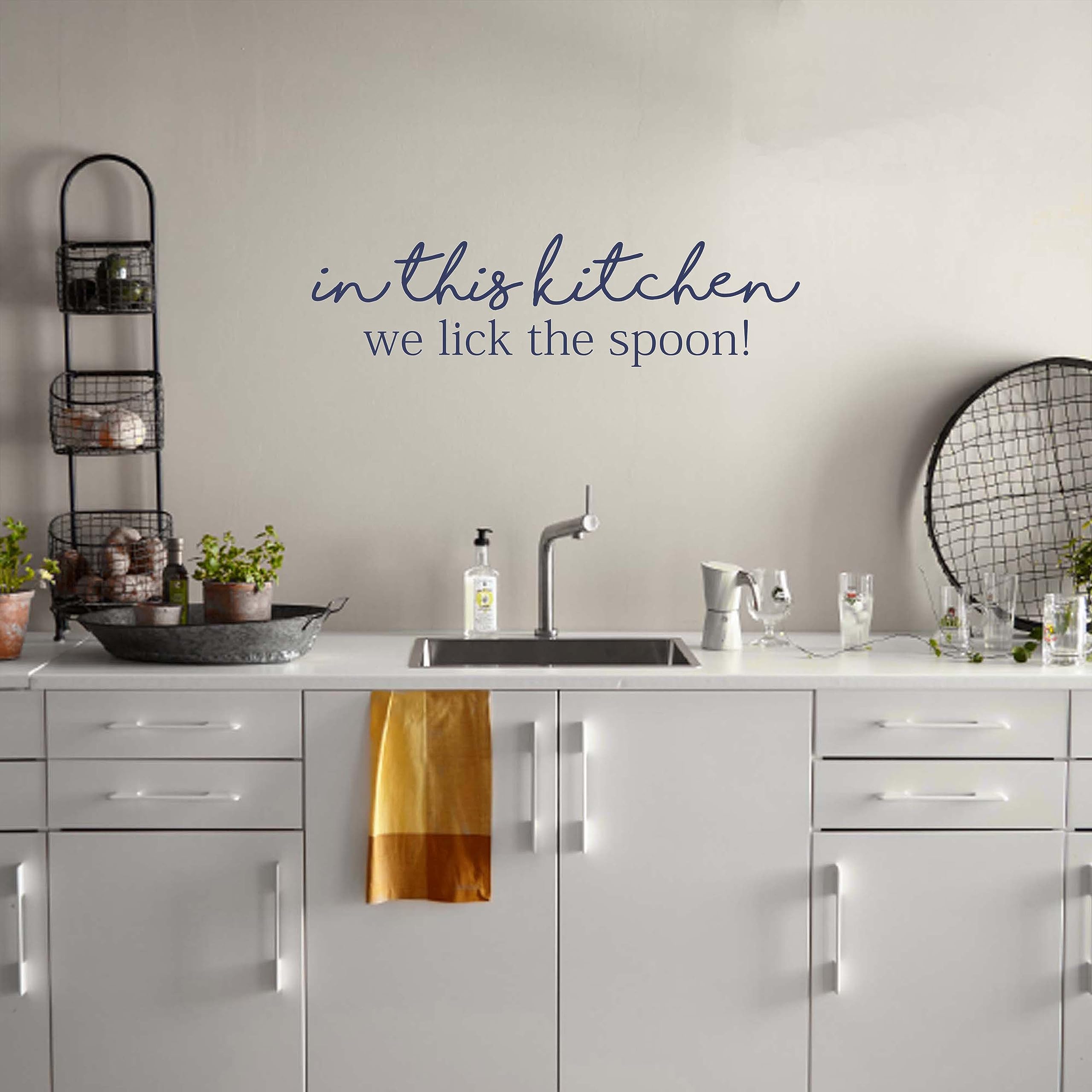 Dark Blue Kitchen Wall Decal Sticker - 'In This Kitchen We Lick The Spoon' Vinyl Art for Doors & Walls | Funny Kitchen Decor for Home, Apartment, Restaurant
