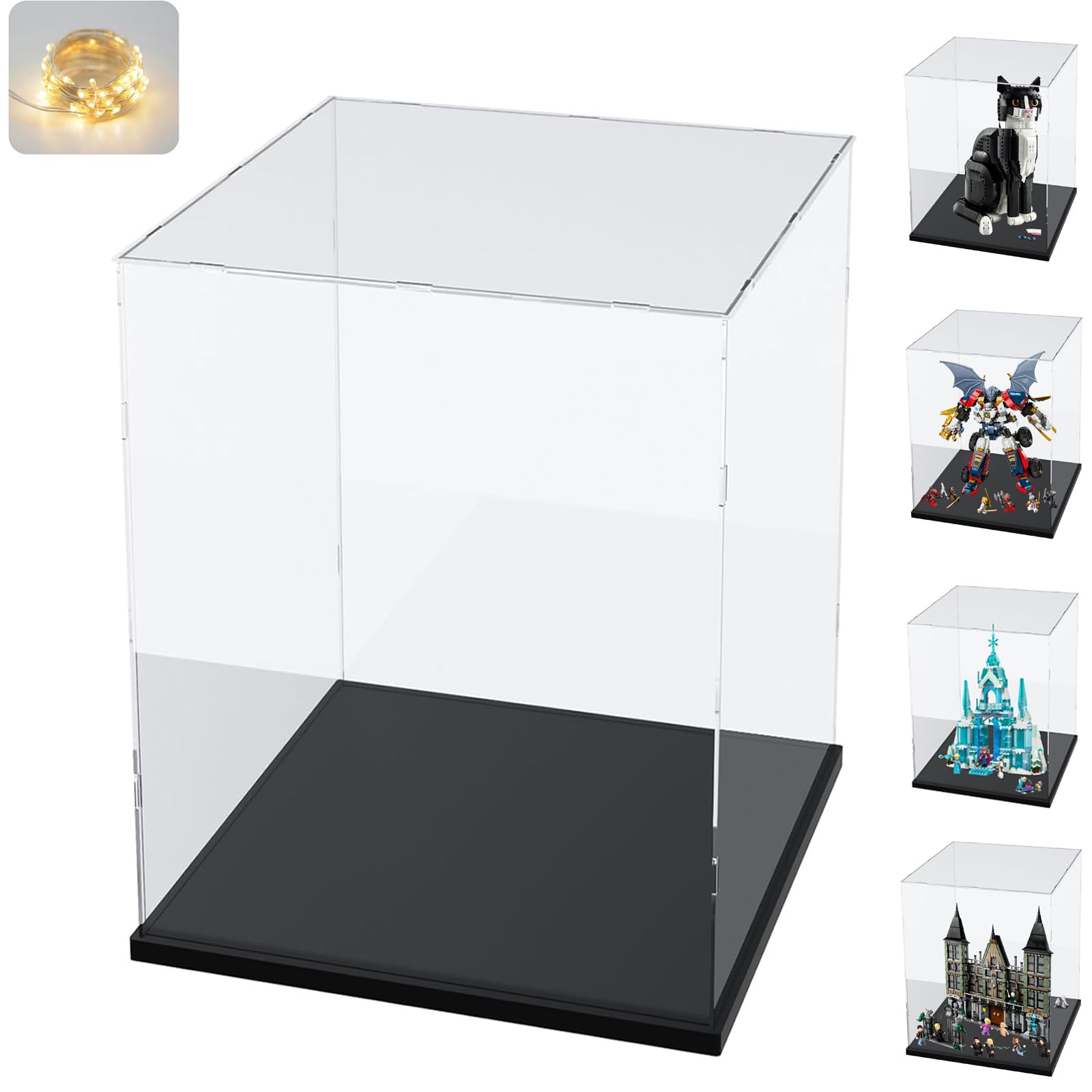 Thickened Clear Acrylic Display Case with Wood-Plastic Base for Lego Sets 21349 71834 76453 43244 - Transparent Collectible Display Box with LED Light for Action Figures & Toys (Black Interior, 11.8x11.8x15.7 inch) - Perfect for Home Decor, Office Display & Gift Packaging