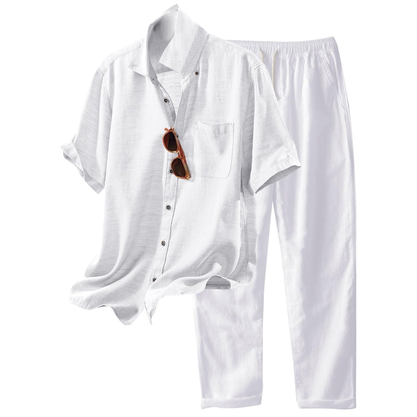 Men's 2-Piece Cotton Linen Short Sleeve Button Down Shirt & Pants Set - Breathable Summer Casual Suit for Beach, Yoga & Outdoor Activities