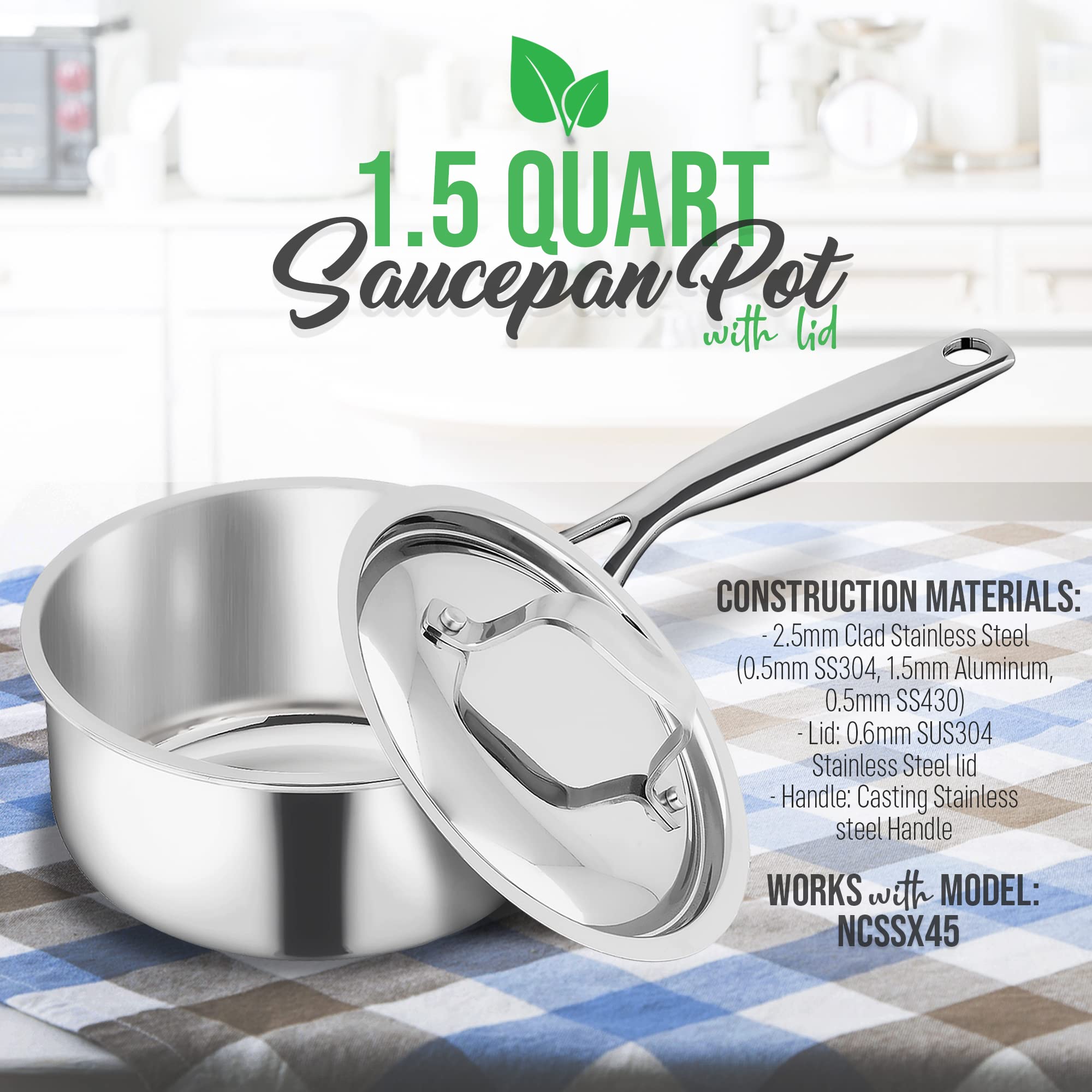 NutriChef 1.5-Quart Stainless Steel Saucepan with Lid - PFOA/PFOS Free, Non-Stick Cookware Pot with Satin Interior & Polished Exterior - Compatible with NCSSX45 - Perfect for Boiling, Simmering, and Cooking Sauces