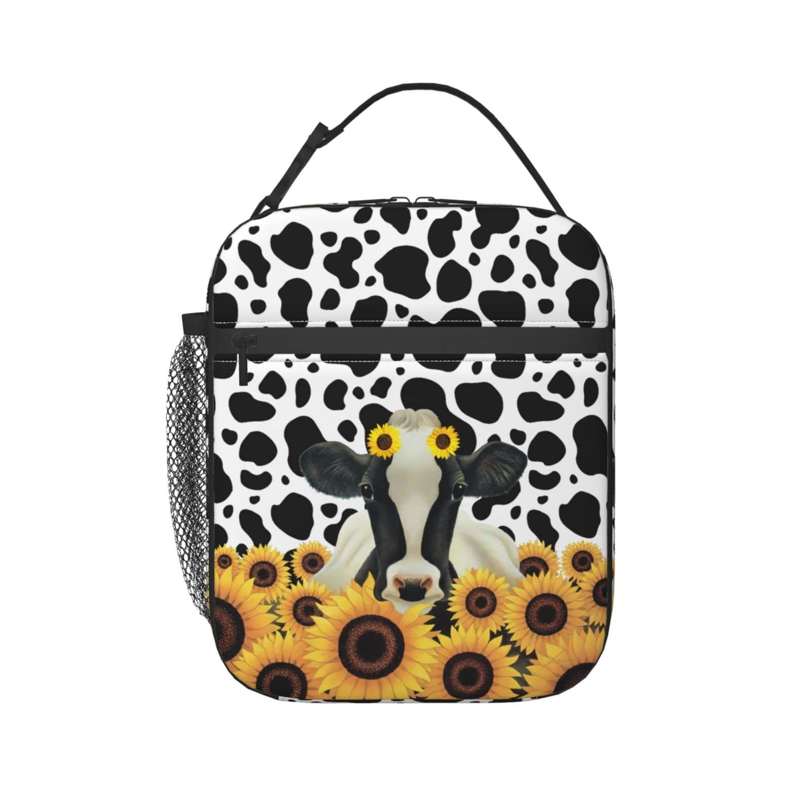 Insulated Cow Sunflower Daisy Flower Lunch Box with Detachable Handle - Reusable Meal Tote Bag for Women, Men, Girls & Boys - Perfect for School, Work, Picnics & Outdoor Activities