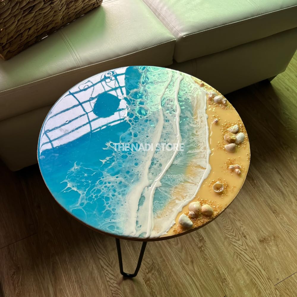 Epoxy Resin Coffee Table - 30 Inch Blue Ocean Themed End Table with Metal Legs for Beach House, Living Room, or Bedroom Nightstand - Perfect for Coastal Decor & Home Styling