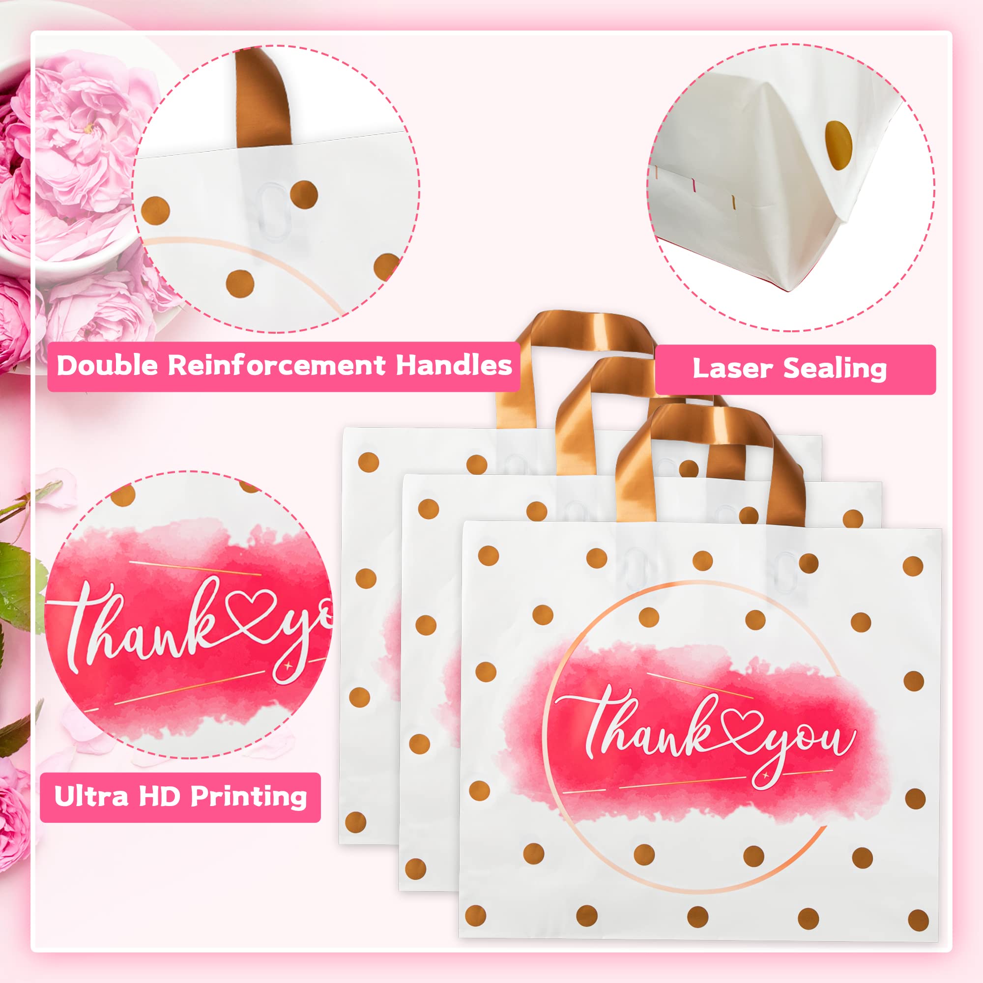 50 Pack Extra Thick Plastic Thank You Shopping Bags for Small Business - 12x14 Inch Retail Merchandise Bags for Boutique, Office Party & Customer Gifts | Durable & Eco-Friendly Reusable Bags for Stores, Events & Daily Shopping