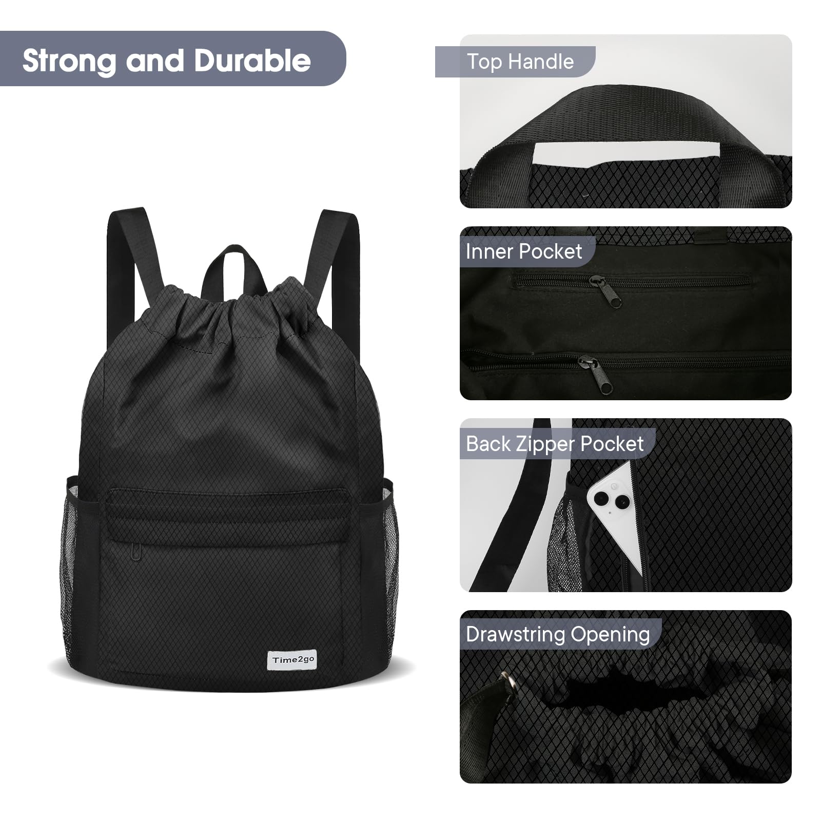 Waterproof Drawstring Backpack - Lightweight Sports Gym Sack with Mesh Pocket - String Cinch Closure - Perfect for Beach, Gym, Travel & Outdoor Activities - Unisex Design for Men & Women