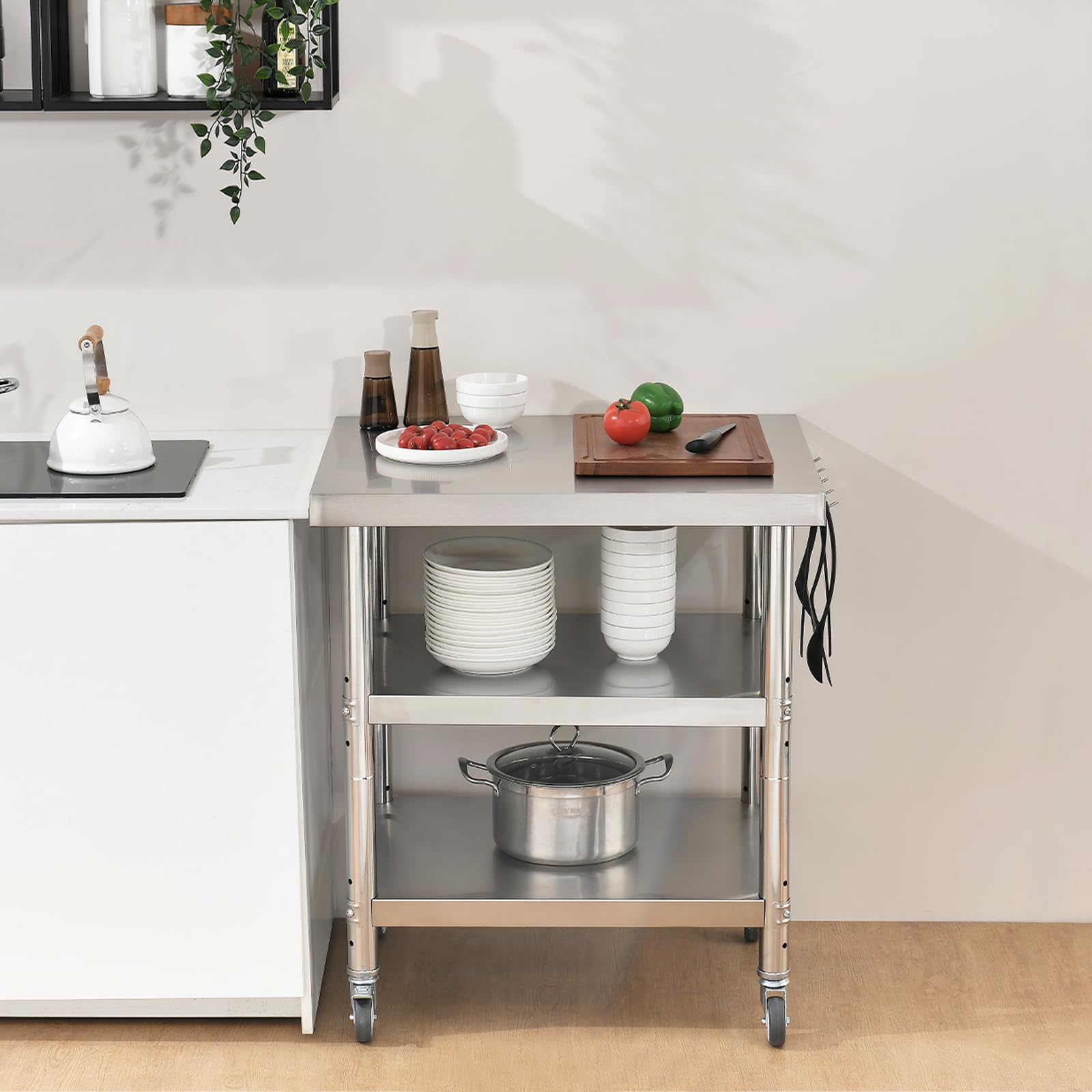 30x24 Inch 3-Stage Adjustable Stainless Steel Work Table with Wheels - Silver Commercial-Grade Kitchen Prep Table for Restaurants, Food Trucks & Home Use