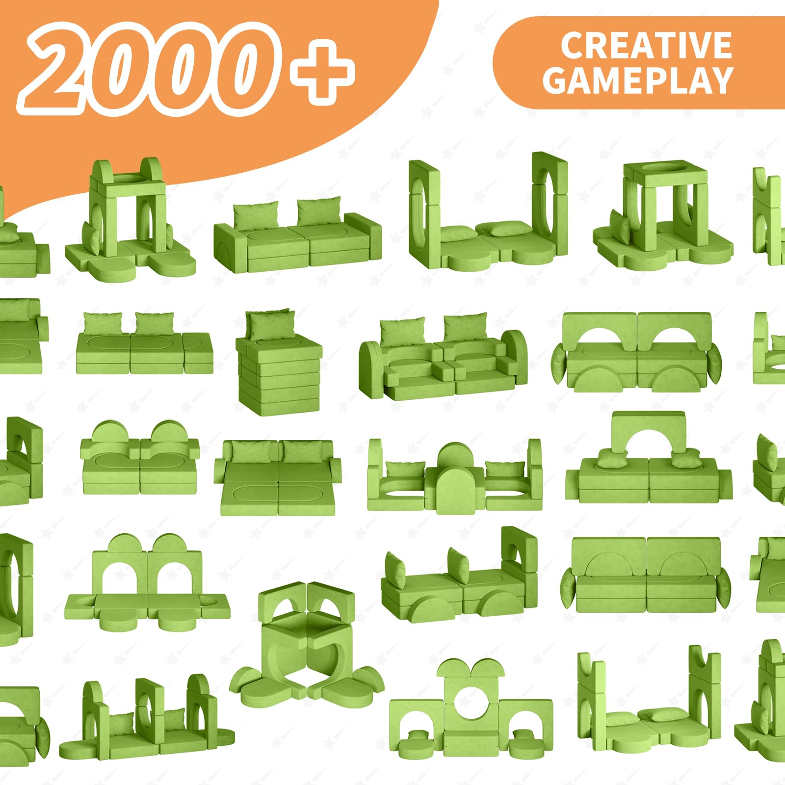 12PCS Modular Kids Play Couch with 2 Pillows & Tunnel - Foldable Toddler Sofa for Playroom & Bedroom - 2000+ Creative Play Ideas - Grass Green - Perfect for Indoor Playtime, Reading Nook & Imaginative Games (Boys & Girls)