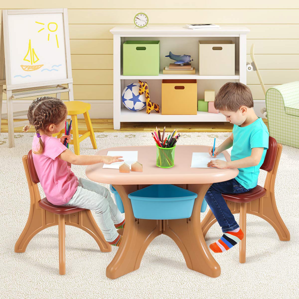 KOTEK 3-Piece Kids Table & Chair Set with Storage - Study & Art Desk for Toddlers - Perfect for Reading & Drawing