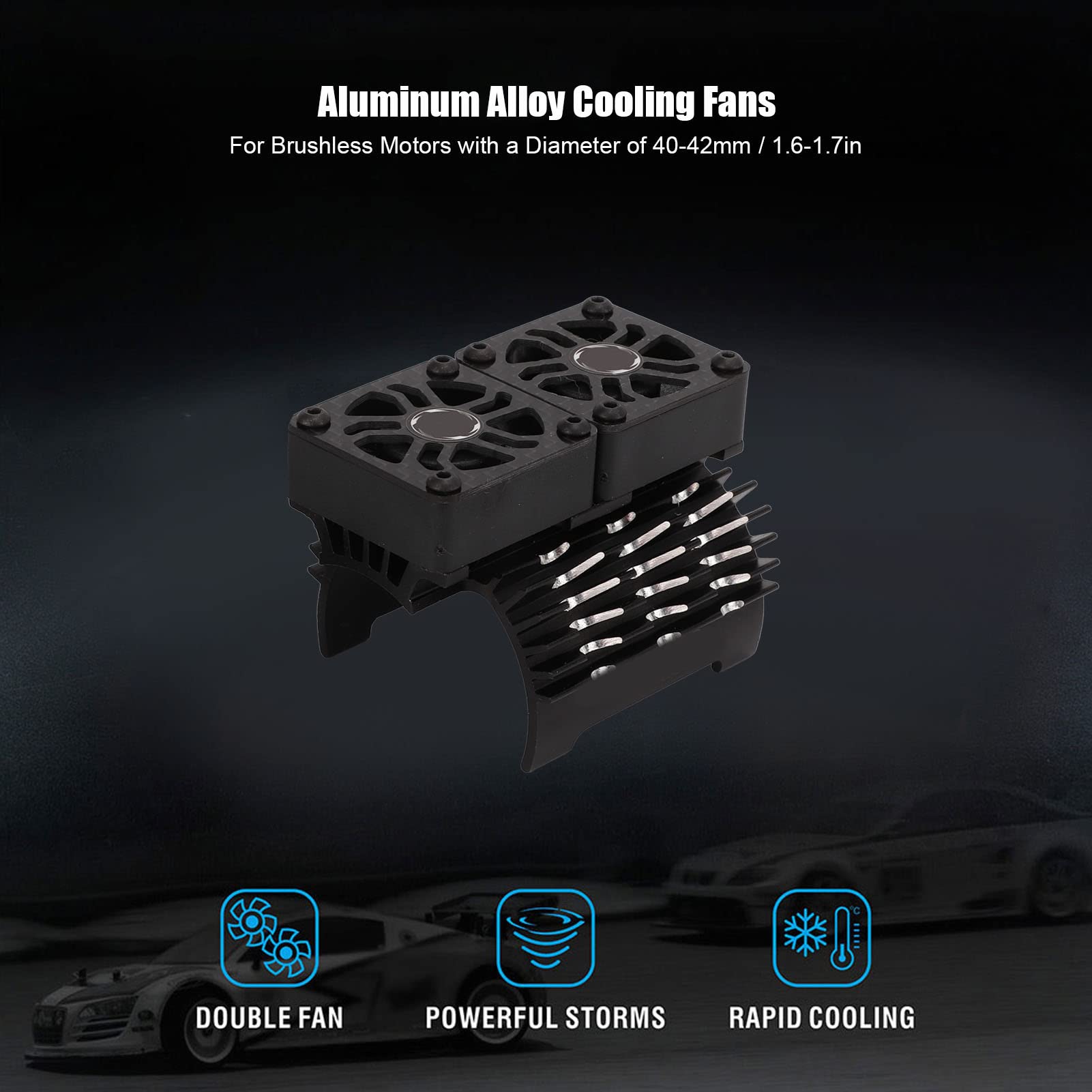 High Performance 40-42mm RC Brushless Motor Cooling Fan - Dual Aluminum Heat Sink for 1/8 Scale Remote Control Cars (Black) | Perfect for Off-Road Bashing, Racing & High-Speed RC Models