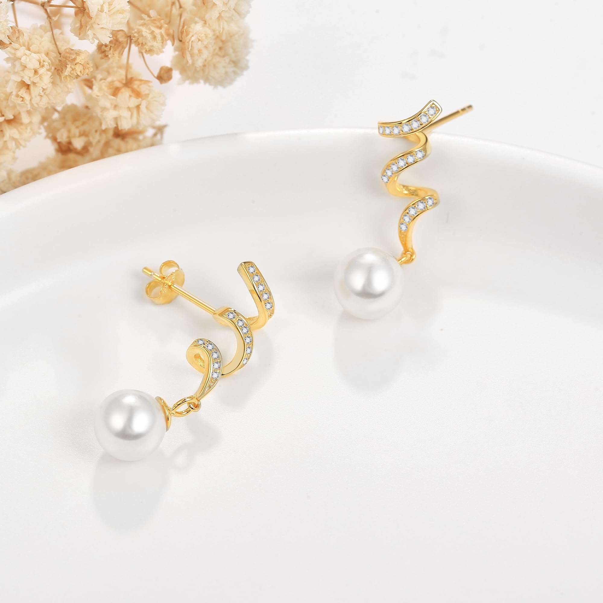 14K Yellow Gold Freshwater Cultured Pearl Drop Earrings for Women - 8MM Round Pearl Dangle Earrings with Twist Design | Perfect for Weddings, Parties & Special Occasions
