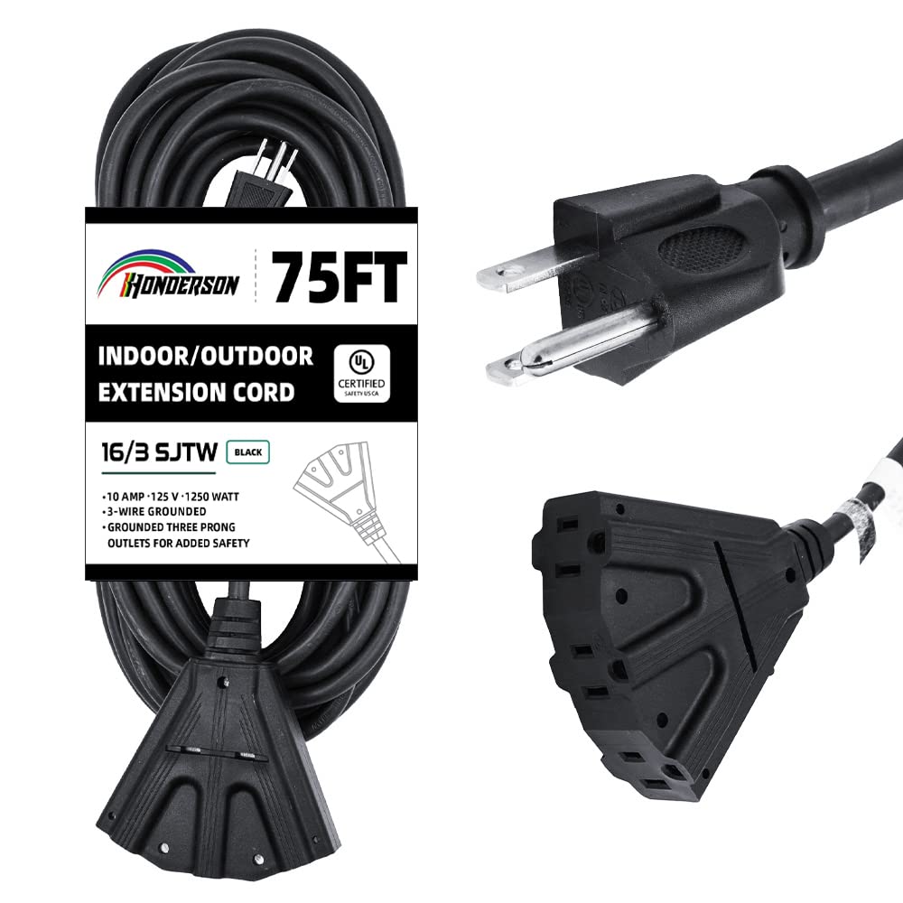 HONDERSON 75FT Heavy Duty 3-Outlet Extension Cord - 16 Gauge, UL Listed, Weatherproof, Indoor/Outdoor Use - Ideal for Garage, Workshop, Garden & Holiday Lights (Black, 16/3 SJTW, 10A)