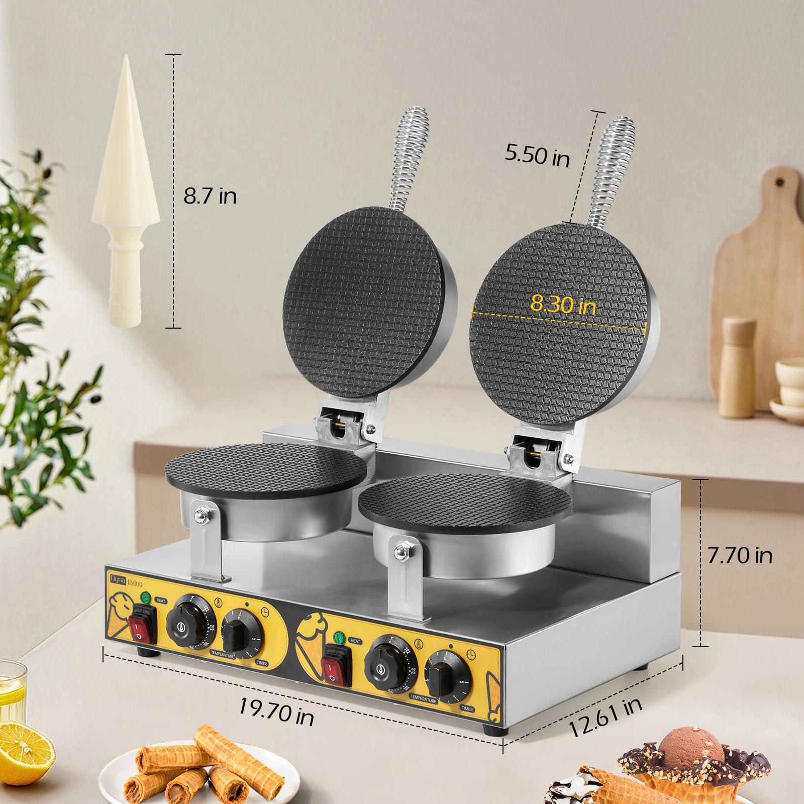 Dyna-Living 2400W Commercial Waffle Cone Maker Machine - Professional Electric Stainless Steel Waffle Iron with Non-Stick Coating for Ice Cream Shops, Bakeries, and Home Use