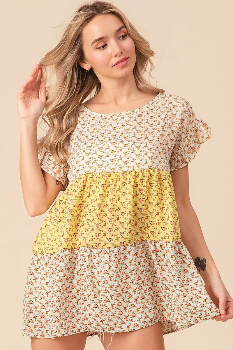 BiBi Floral Printed Woven Color Block Tiered Blouse - Women's Fashion Boho Chic Tunic Top for Casual Wear, Summer Outfits & Beach Vacations