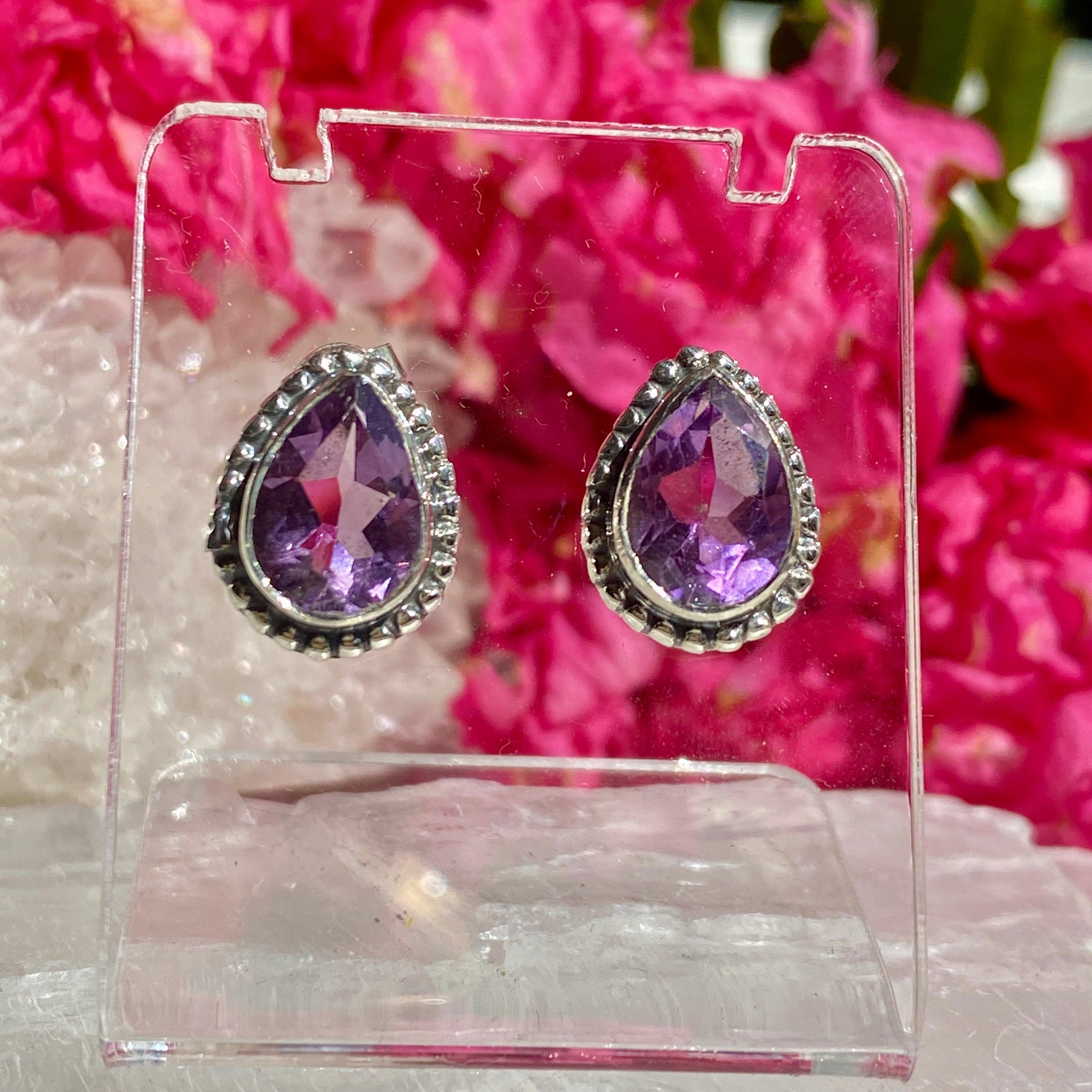 Amethyst Faceted Teardrop Stud Earrings for Women - Elegant Purple Gemstone Jewelry Gift for Birthday, Anniversary & Special Occasions