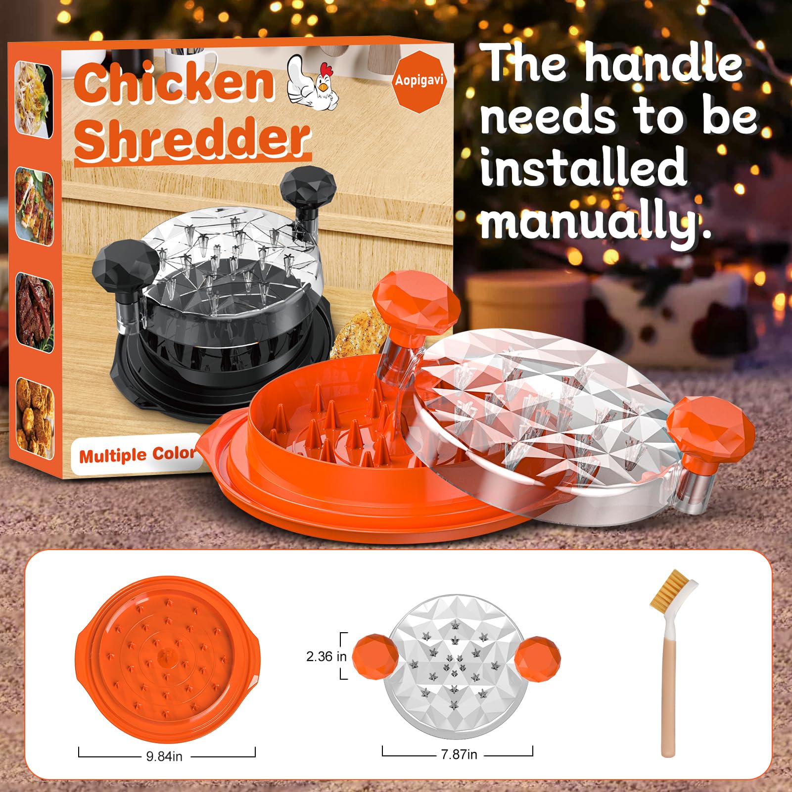 Premium Large Chicken Shredder Tool with Ergonomic Handle & Cleaning Brush - BPA Free, Dishwasher Safe Meat Shredder with Anti-Slip Base & Transparent Lid - Perfect for Pulled Pork, Chicken, Beef & BBQ Prep - Orange