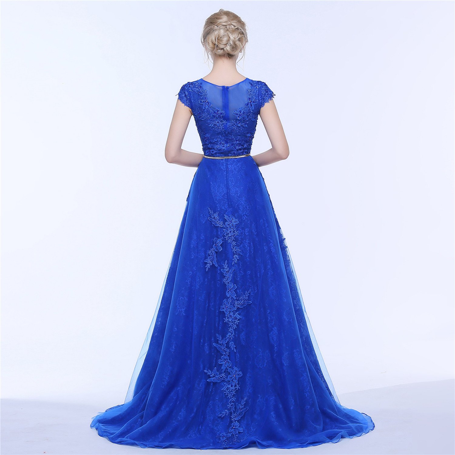 Elegant Blue Homecoming Dress with Lace Applique, Short Sleeve A-Line Long Dress for Prom, Formal Events & Special Occasions