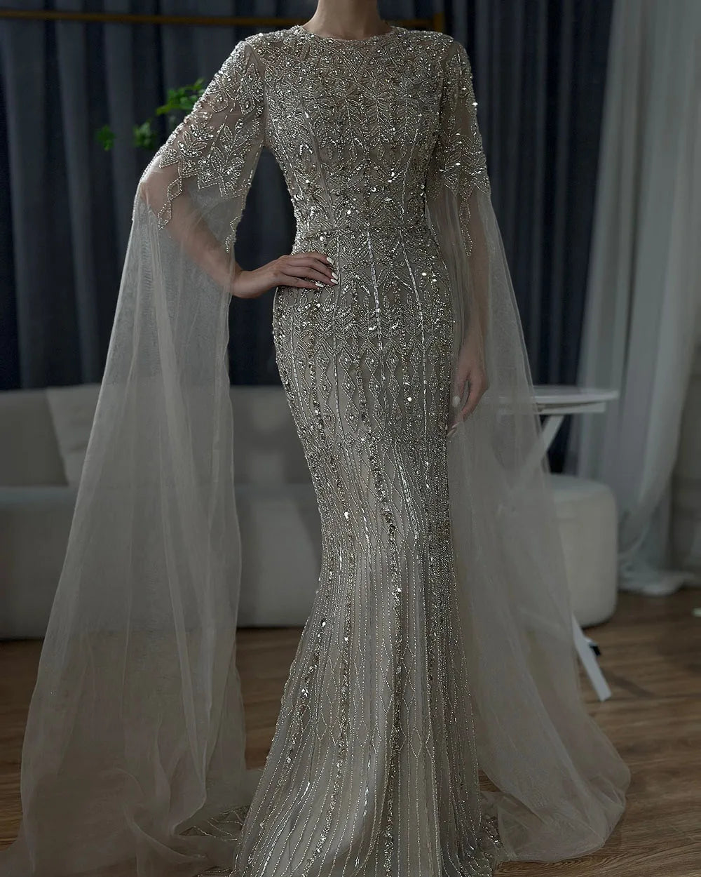Luxury Dubai Saudi Arabia Caramel Mermaid Evening Gown with Elegant Cape Sleeves & Beaded Details - Formal Dresses for Weddings, Galas & Special Occasions