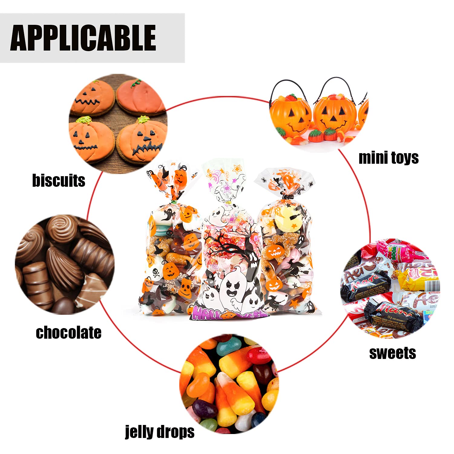 LOMIMOS 150PCS Halloween Cellophane Candy Bags with 300PCS Twist Ties - Clear Plastic Treat Bags for Snacks, Cookies & Party Favors - Perfect for Halloween Parties, Trick-or-Treating & Gift Giving