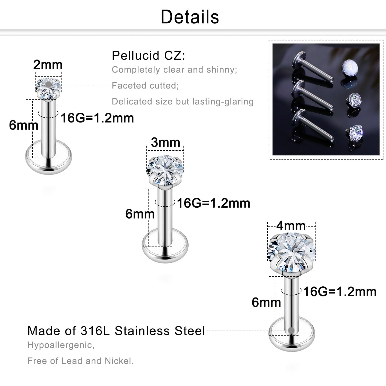 Opal Medusa Piercing Jewelry 16G Stainless Steel Labret Lip Rings Snake Bite Tragus Earrings - Flat Back Stud for Cartilage, Conch, Forward Helix - Perfect for Everyday Wear, Parties & Alternative Fashion