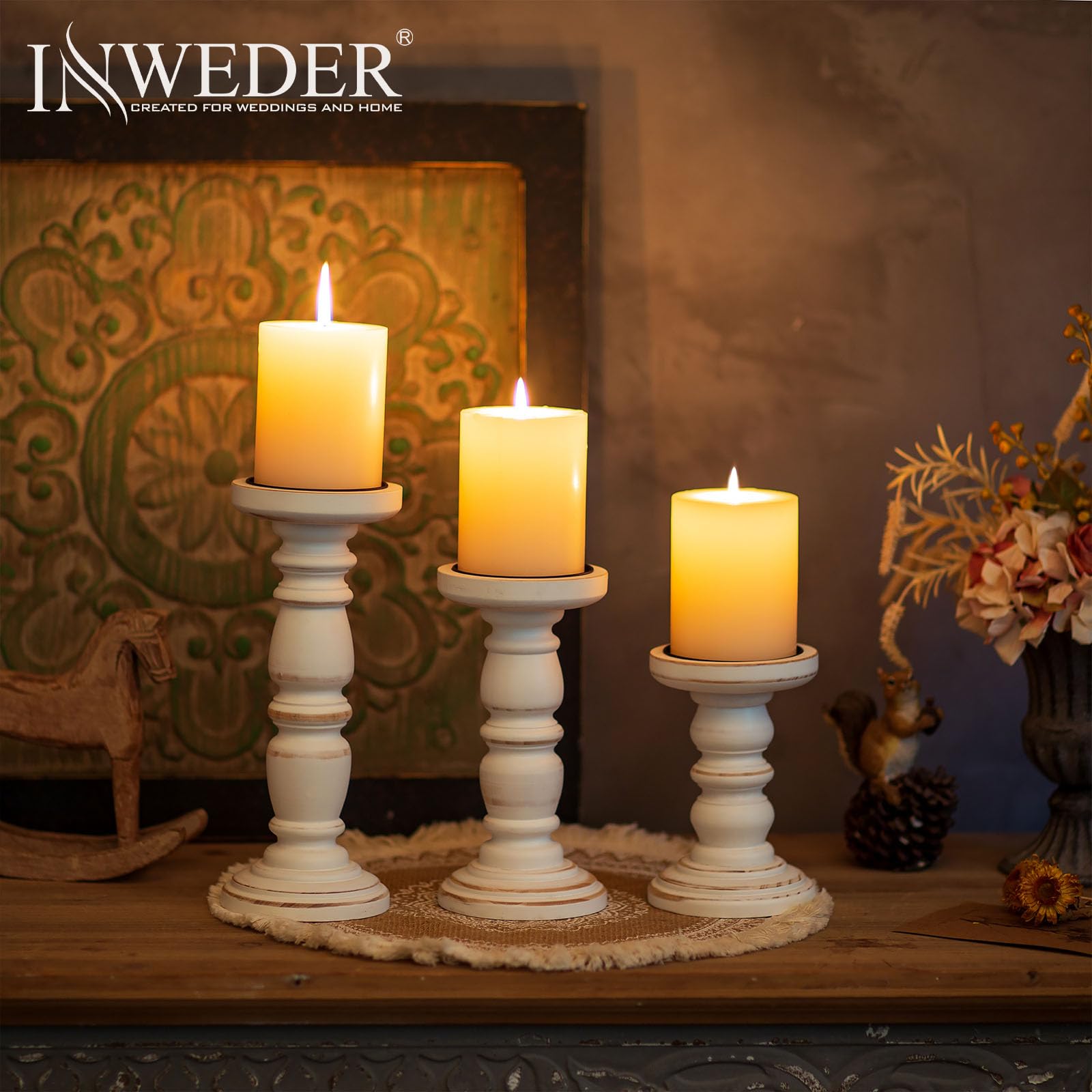 Rustic White Wooden Candle Holders Set of 3 - Tall Farmhouse Pillar Candle Stand for Home Decor, Wedding Centerpieces, Fireplace Mantel & Holiday Table Settings - Durable Stable Candle Display for Rustic Events & Cozy Ambiance