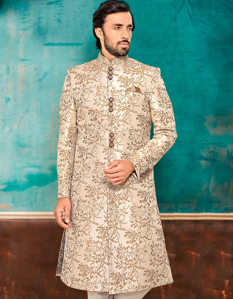 Elegant Beige Kurta with Brocade Design & Chudidar Set - Perfect for Festivals, Weddings & Ethnic Parties