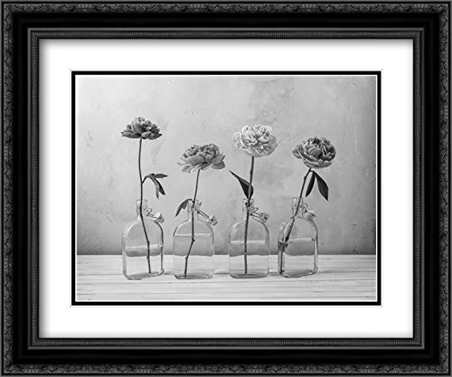 Frank Assaf 17x15 Black Ornate Framed Double Matted Museum Art Print - Peonies in Glass Bottles Floral Wall Decor for Living Room, Bedroom & Office
